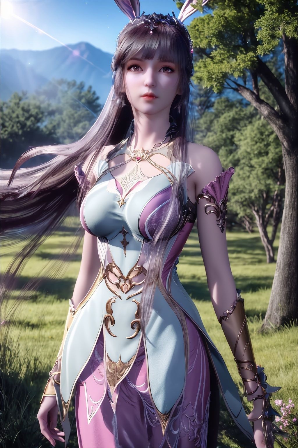 (8k, RAW photo, best quality, masterpiece:1.2),solo,(super realistic, photo-realistic:1.3), ultra-detailed, extremely detailed cg 8k wallpaper,hatching (texture),skin gloss,light persona,(crystalstexture skin:1.2), (extremely delicate and beautiful),(in forest:1.3), (pink flowers:1.1), (falling petals:1.1), (lens flare from right:1.2), (god rays from right:1.2),scenery, mountain,  outdoors, sky, night,  lantern, cloud, tree, building, house,rivers,fluorescent butterfly, rim light,low moon light,1girl,long_hair, solo, very_long_hair,brown hair ,white skin,rabbit ears, animal ears,,collar,hair ornament,pov,pink dress,cowboy shot, standing,(full shot), (breasts,large_breasts, cleavage:1.2),looking_at_viewer, xwhd, <lora:827xwxiu2-000018:0.88> ,