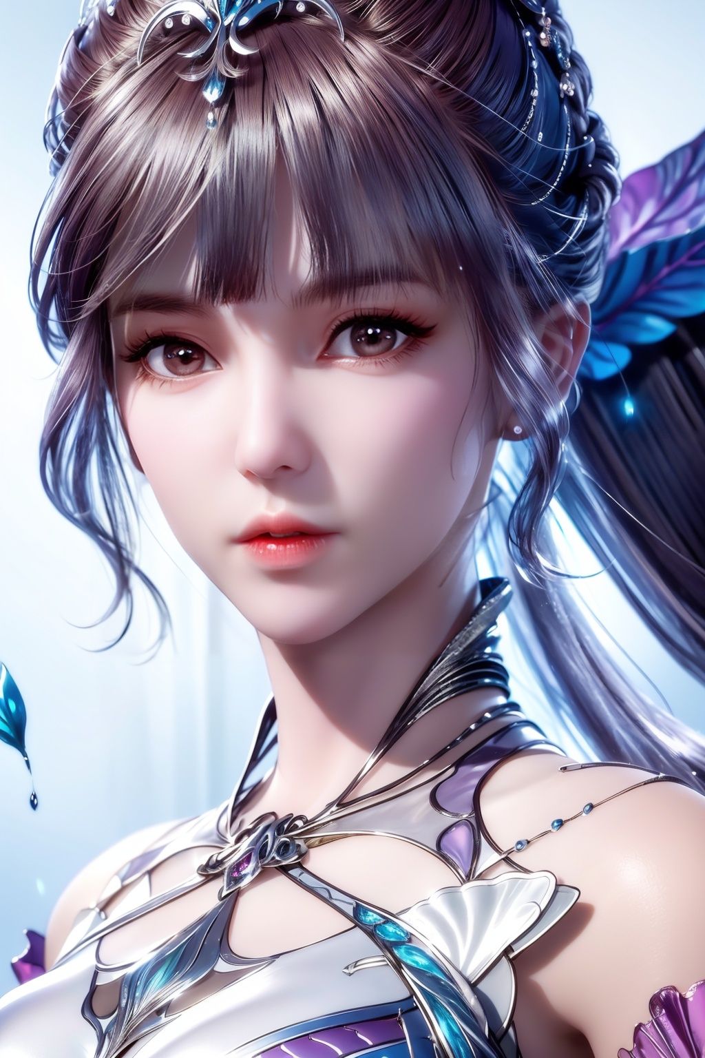 (Hyper Real), (illustration), (high resolution), (8K), (Very detailed), (Best Illustration), (Beautiful detailed eyes), (Best quality), (Super detailed), (Masterpiece), (the wallpaper), (Detailed face), Solo, (Dynamic pose), 1girl,jewelry,wings,dress,crystal,Peacock feathers,1 girl,yuyao,xwhd