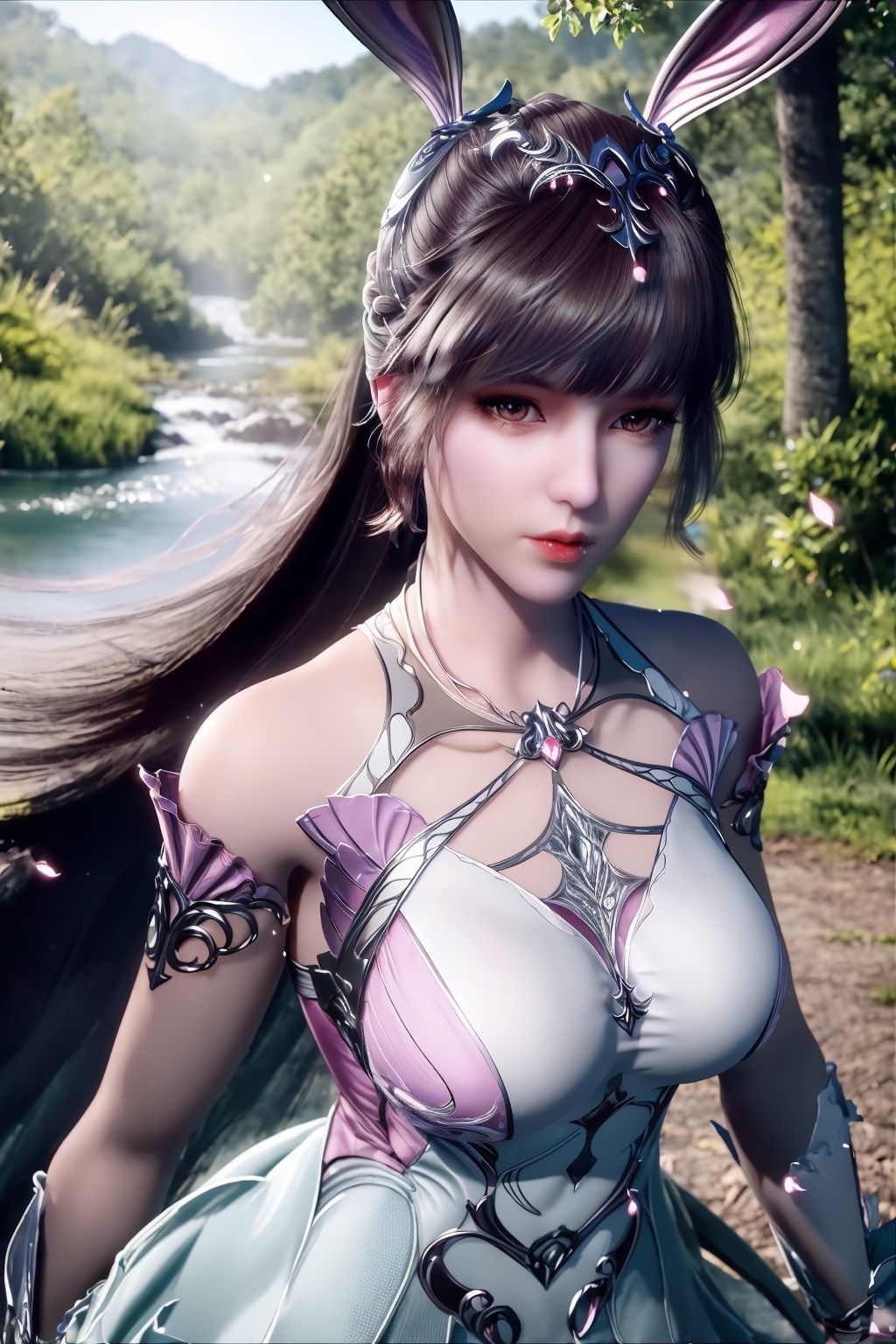 (8k, RAW photo, best quality, masterpiece:1.2),solo,(super realistic, photo-realistic:1.3), ultra-detailed, extremely detailed cg 8k wallpaper,hatching (texture),skin gloss,light persona,(crystalstexture skin:1.2), (extremely delicate and beautiful),(in forest:1.3), (pink flowers:1.1), (falling petals:1.1), (lens flare from right:1.2), (god rays from right:1.2),scenery, mountain,  outdoors, sky, night,  lantern, cloud, tree, building, house,rivers,fluorescent butterfly, rim light,low moon light,1girl,long_hair, solo, very_long_hair,brown hair ,white skin,rabbit ears, animal ears,,collar,hair ornament,pov,pink dress,cowboy shot, standing,(full shot), (breasts,large_breasts, cleavage:1.2),looking_at_viewer, xwhd, <lora:827xwxiu2-000018:0.88> ,