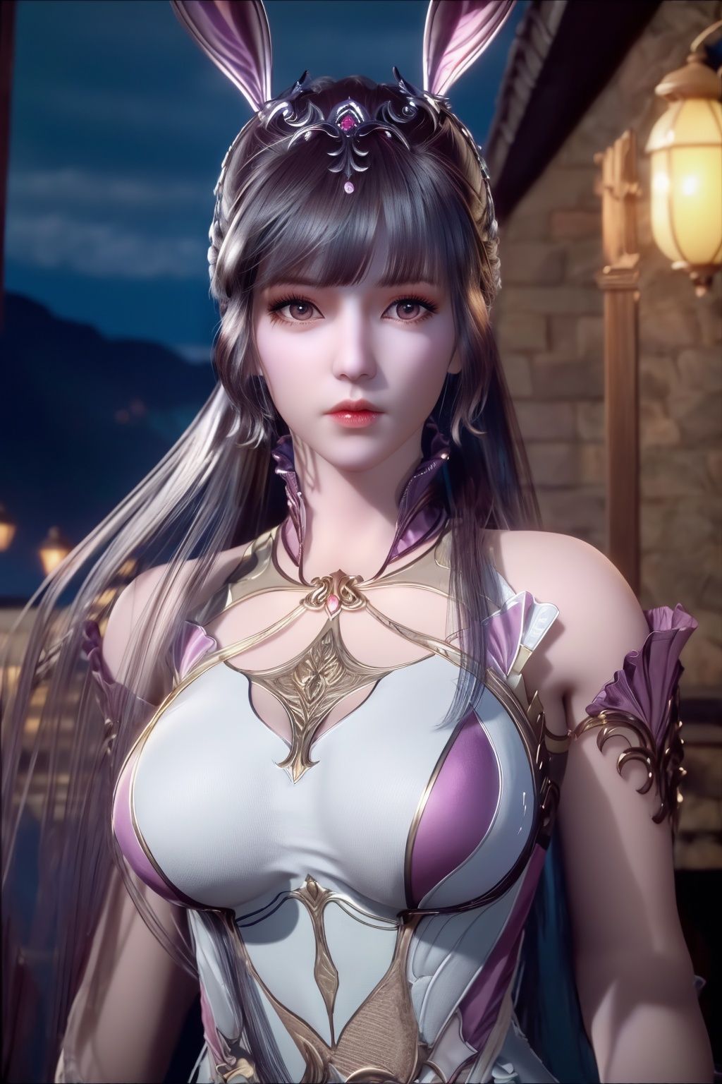 (8k, RAW photo, best quality, masterpiece:1.2),(super realistic, photo-realistic:1.3), ultra-detailed, extremely detailed cg 8k wallpaper,hatching (texture),light persona,(crystalstexture skin:1.2), (extremely delicate and beautiful),scenery, mountain, no humans, outdoors, sky, night,  lantern, cloud, tree, building, house,rivers,fluorescent butterfly, rim light,low moon light,1girl,long_hair, solo, very_long_hair,brown hair ,white skin,rabbit ears, animal ears,,collar,hair ornament,  pov,pink dress,upper body, standing,(full shot), (breasts,large_breasts, cleavage:1.2),looking_at_viewer, xwhd, <lora:827xwxiu2-000018:0.83> 