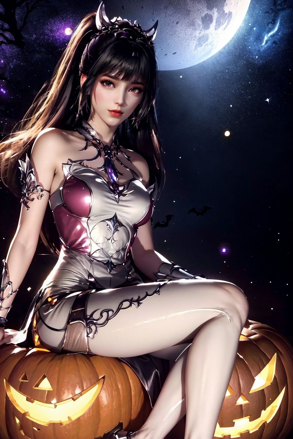 8k, RAW photo, best quality, masterpiece:1.2),(super realistic, photo-realistic:1.3), ultra-detailed, extremely detailed cg 8k wallpaper,hatching (texture),skin gloss,light persona,(crystalstexture skin:1.2), (extremely delicate and beautiful), 1girl,((lots of galaxy+halloween color feathers):1.3), orange tone color, cute face, sitting, Hair pumpkin, decorative art, pumpkin, xwhd, <lora:1020xwxx-000018:0.8>