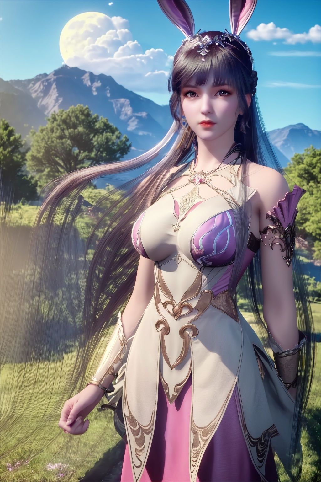 (8k, RAW photo, best quality, masterpiece:1.2),(super realistic, photo-realistic:1.3), ultra-detailed, extremely detailed cg 8k wallpaper,hatching (texture),light persona,(crystalstexture skin:1.2), (extremely delicate and beautiful),scenery, mountain, no humans, outdoors, sky, night,  lantern, cloud, tree, building, house,rivers,fluorescent butterfly, rim light,low moon light,1girl,long_hair, solo, very_long_hair,brown hair ,white skin,rabbit ears, animal ears,,collar,hair ornament,  pov,pink dress,standing,(full shot), (breasts,large_breasts, cleavage:1.2),looking_at_viewer, xwhd, <lora:827xwxiu2-000018:0.83> 