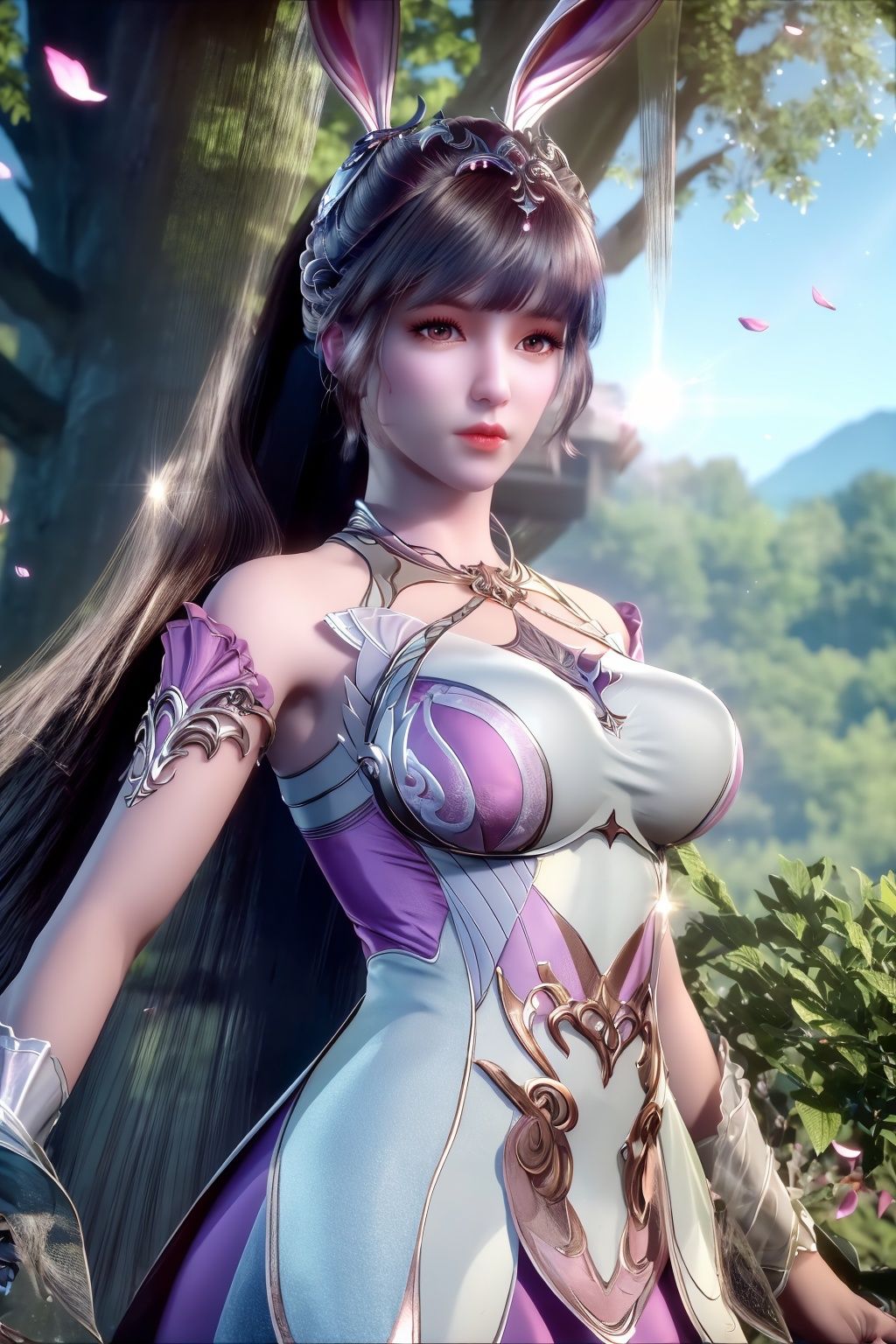 (8k, RAW photo, best quality, masterpiece:1.2),solo,(super realistic, photo-realistic:1.3), ultra-detailed, extremely detailed cg 8k wallpaper,hatching (texture),skin gloss,light persona,(crystalstexture skin:1.2), (extremely delicate and beautiful),(in forest:1.3), (pink flowers:1.1), (falling petals:1.1), (lens flare from right:1.2), (god rays from right:1.2),scenery, mountain,  outdoors, sky, night,  lantern, cloud, tree, building, house,rivers,fluorescent butterfly, rim light,low moon light,1girl,long_hair, solo, very_long_hair,brown hair ,white skin,rabbit ears, animal ears,,collar,hair ornament,pov,pink dress,cowboy shot, standing,(full shot), (breasts,large_breasts, cleavage:1.2),looking_at_viewer, xwhd, <lora:827xwxiu2-000018:0.88> ,