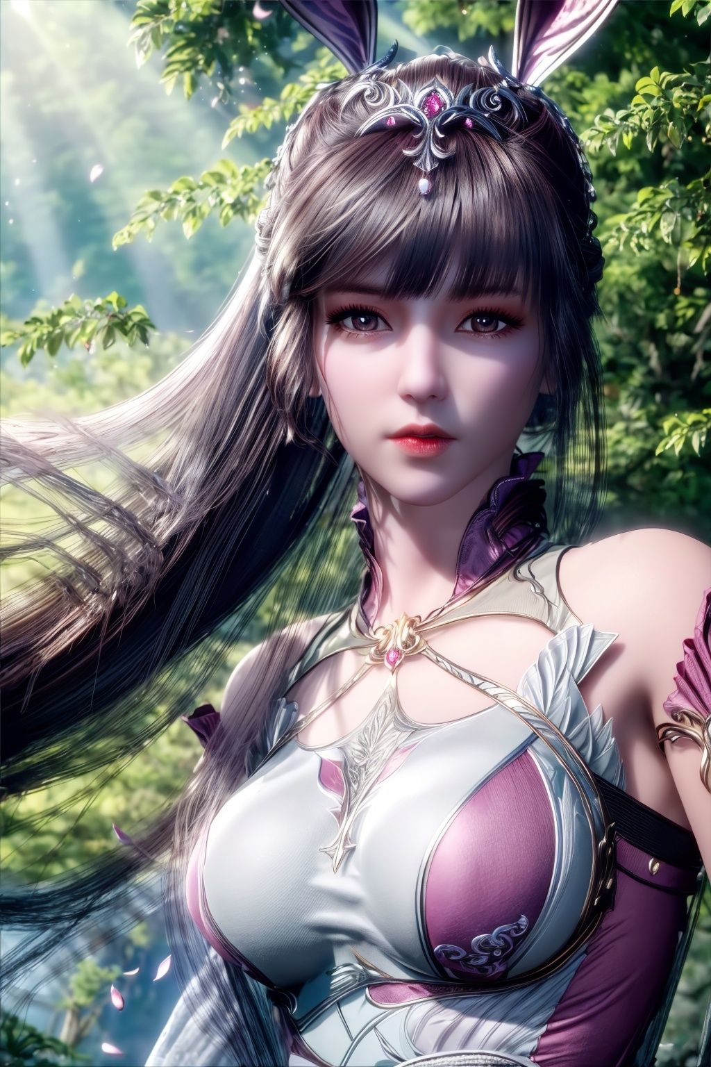 (8k, RAW photo, best quality, masterpiece:1.2),solo,(super realistic, photo-realistic:1.3), ultra-detailed, extremely detailed cg 8k wallpaper,hatching (texture),skin gloss,light persona,(crystalstexture skin:1.2), (extremely delicate and beautiful),(masterpiece, best quality, high quality, highres, ultra-detailed), realistic,,<lora:The_Greater_Lord_Rukkhadevata:0.7>,1 sweet girl, the greater lord rukkhadevata, (side braid:1.1), long hair,((white hair)), leaf hair ornament,  green eyes, pale skin, bare shoulders, (medium breasts), (cleavage:1.1), jewelry, white long dress, (detached sleeves:1.1), bracelet, (looking away:1.2), (hair floating:1.3), from side,,(in forest:1.3), (pink flowers:1.1), (falling petals:1.1), (lens flare from right:1.2), (god rays from right:1.2),,<lora:add_detail:0.9>,scenery, mountain, no humans, outdoors, sky, night,  lantern, cloud, tree, building, house,rivers,fluorescent butterfly, rim light,low moon light,1girl,long_hair, solo, very_long_hair,brown hair ,white skin,rabbit ears, animal ears,,collar,hair ornament,  pov,pink dress,standing,(full shot), (breasts,large_breasts, cleavage:1.2),looking_at_viewer, xwhd, <lora:827xwxiu2-000018:0.83> 
