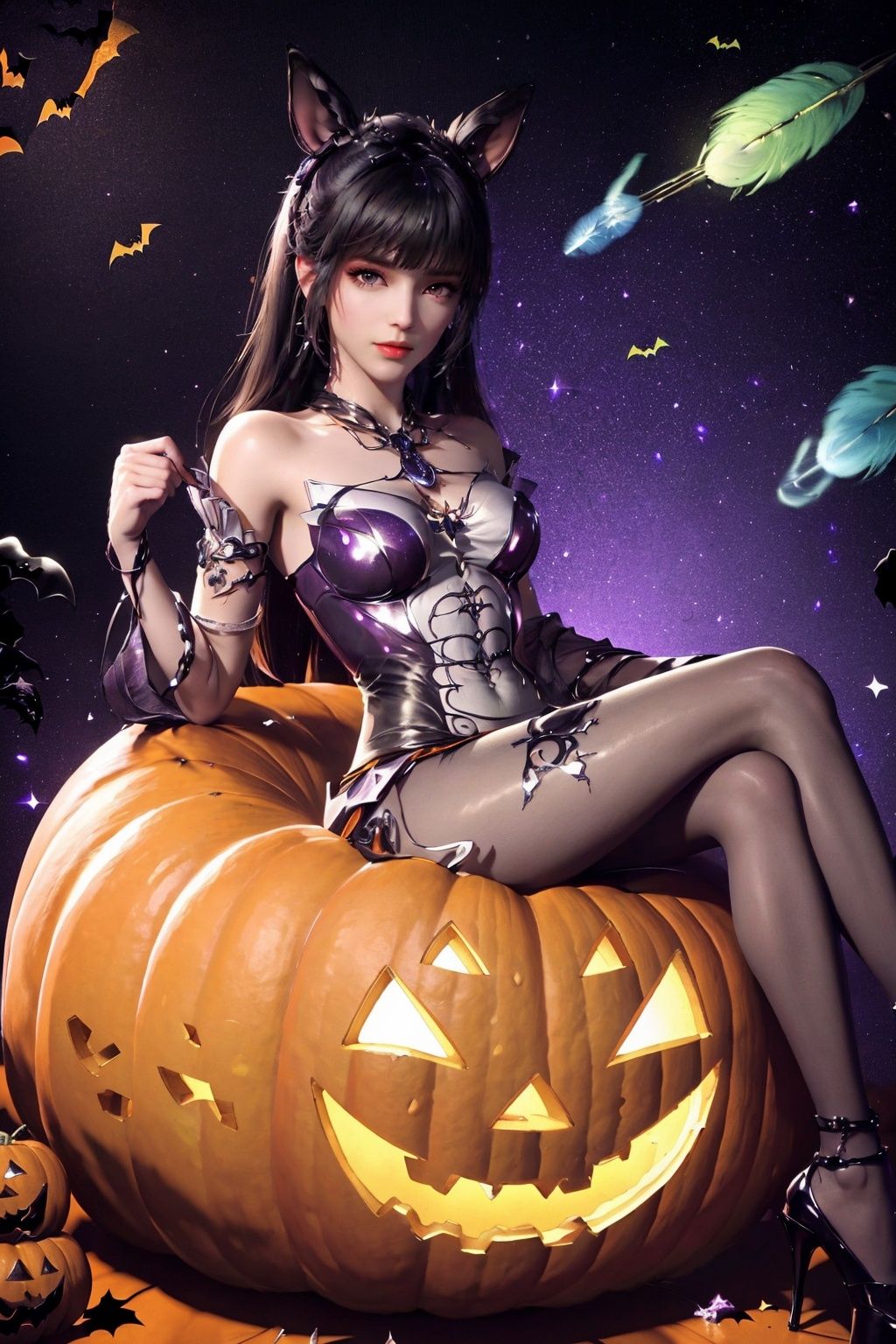 1girl,((lots of galaxy+halloween color feathers):1.3), orange tone color, cute face, sitting, Hair pumpkin, decorative art, pumpkin, xwhd, <lora:1020xwxx-000018:0.8>