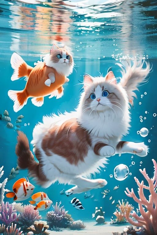 1cat,((ragdoll:1.2)),Cat's Claw,underwater,paddling,swimming,Chasing a toy ball,((no humans:1.2)),animal,animal focus,air bubble,bubble,looking at viewer,<lora:Ragdoll_20230617183921-000004:0.6>,Water surface light refraction,Tindal effect,Front view,tropical fish,Clownfish,abstract,by John Berkey,Octane Renderer,Masterpiece,the best quality,finely detail,