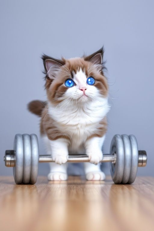 1Plump cute Kitten,standing behand Barbell,Animal Focus,no human,ragdoll,<lora:Ragdoll_20230617183921-000004:0.6>,Background Blur,Depth of field,beautiful blue eyes,cat eyes,