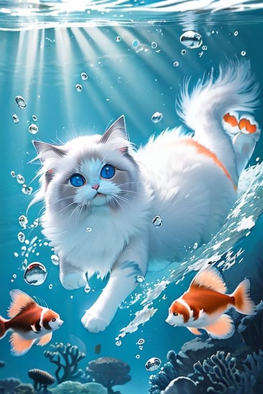 1cat,((ragdoll:1.2)),<lora:Ragdoll_20230617183921-000004:0.6>,Cat's Claw,underwater,paddling,swimming,Chasing a toy ball,((no humans:1.2)),animal,animal focus,air bubble,bubble,looking at viewer,Water surface light refraction,Tindal effect,Front view,tropical fish,Clownfish,Masterpiece,the best quality,finely detail,Fluffy,