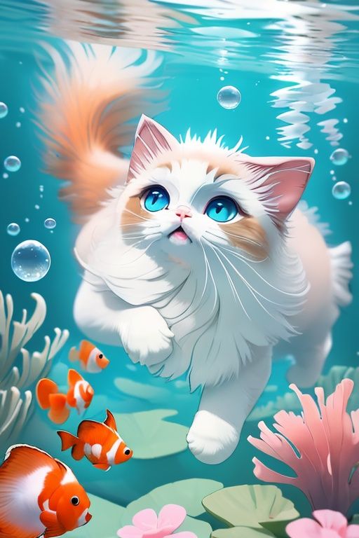 1cat,((ragdoll:1.2)),<lora:Ragdoll_20230617183921-000004:0.6>,Cat's Claw,underwater,paddling,swimming,Chasing a toy ball,((no humans:1.2)),animal,animal focus,air bubble,bubble,looking at viewer,Water surface light refraction,Tindal effect,Front view,tropical fish,Clownfish,Masterpiece,the best quality,finely detail,Fluffy,