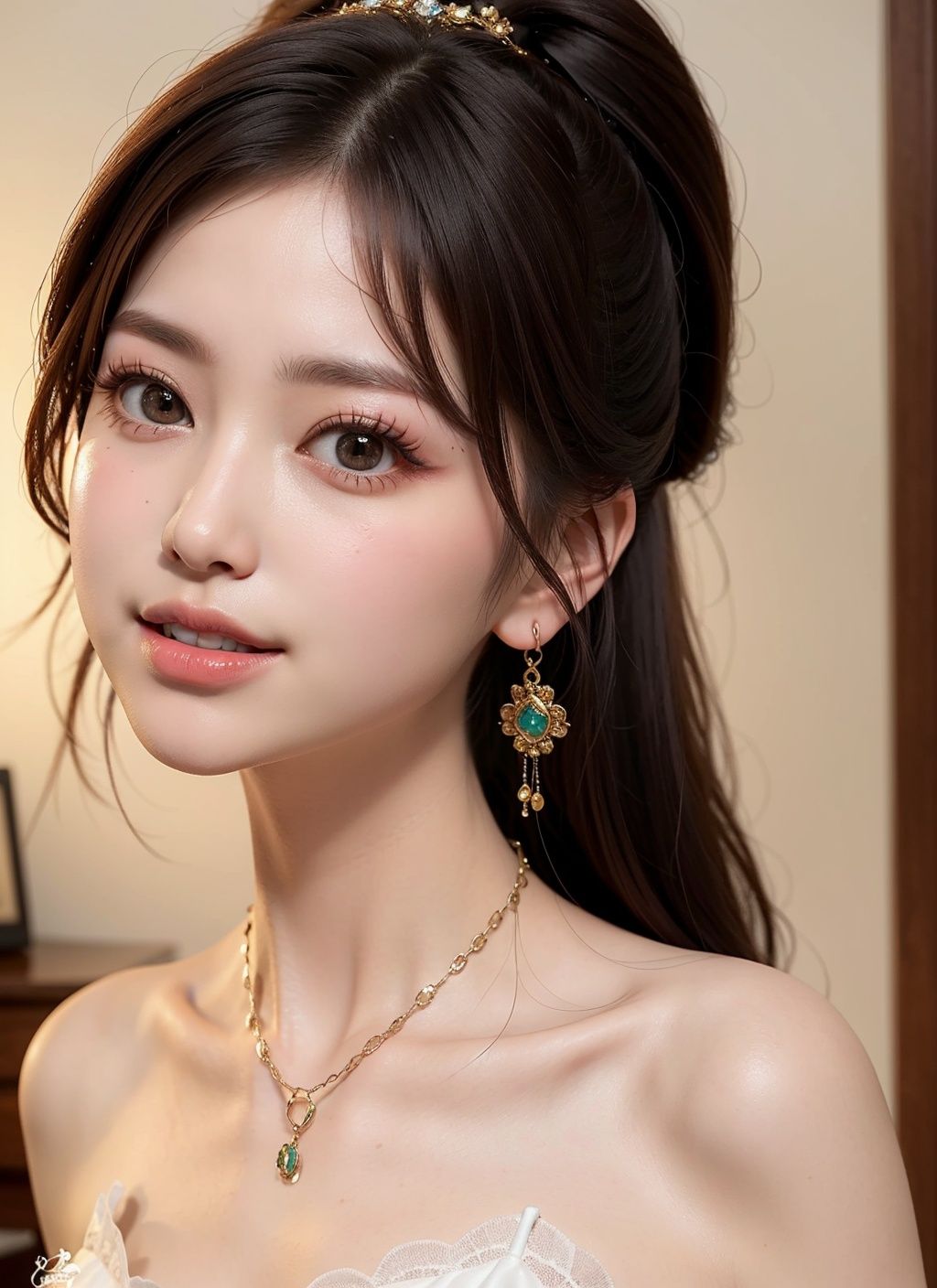 High detail, 8k resolution, ultra high resolution, a cute young girl with double high ponytail hair, earrings, necklace, colorful and clear eyes, smooth hair, collarbone, exquisite and perfect facial features. The most beautiful big eyes, long eyelashes, sweet eyes with silkworms, micro smile, dynamic angle, ultimate image quality, highest accuracy, precise and perfect human body structure. In the bedroom, bust, colorful (Lolita style set), (not exposed),)