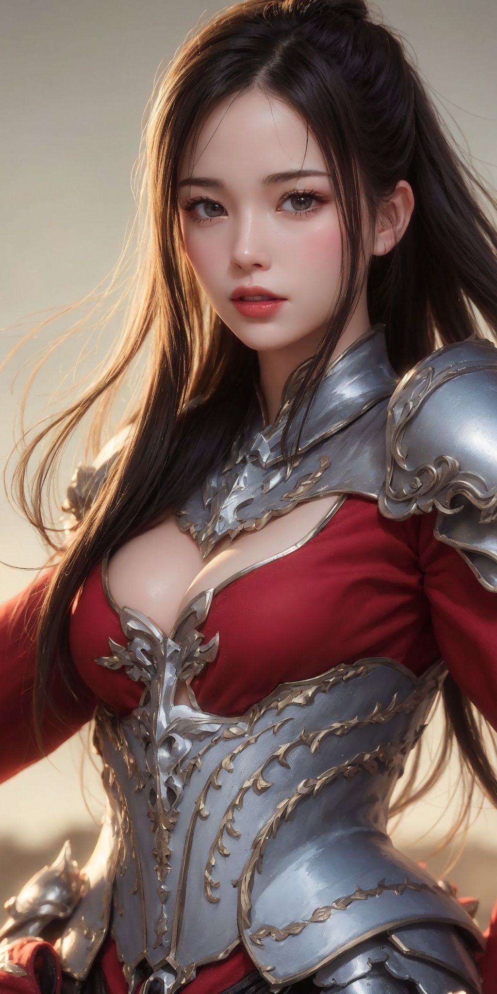 (Face close-up), (Half body photo), a girl with crystal clear skin, black high ponytail, silver armor, metal, belt, armor, armor, red cloak, wielding weapons, correct body, exquisite facial features painting, dusk, desert background, desert, wilderness, weeds, battlefield, sandstorm, desolation, strong and resolute expression, eyes, light, glimmer