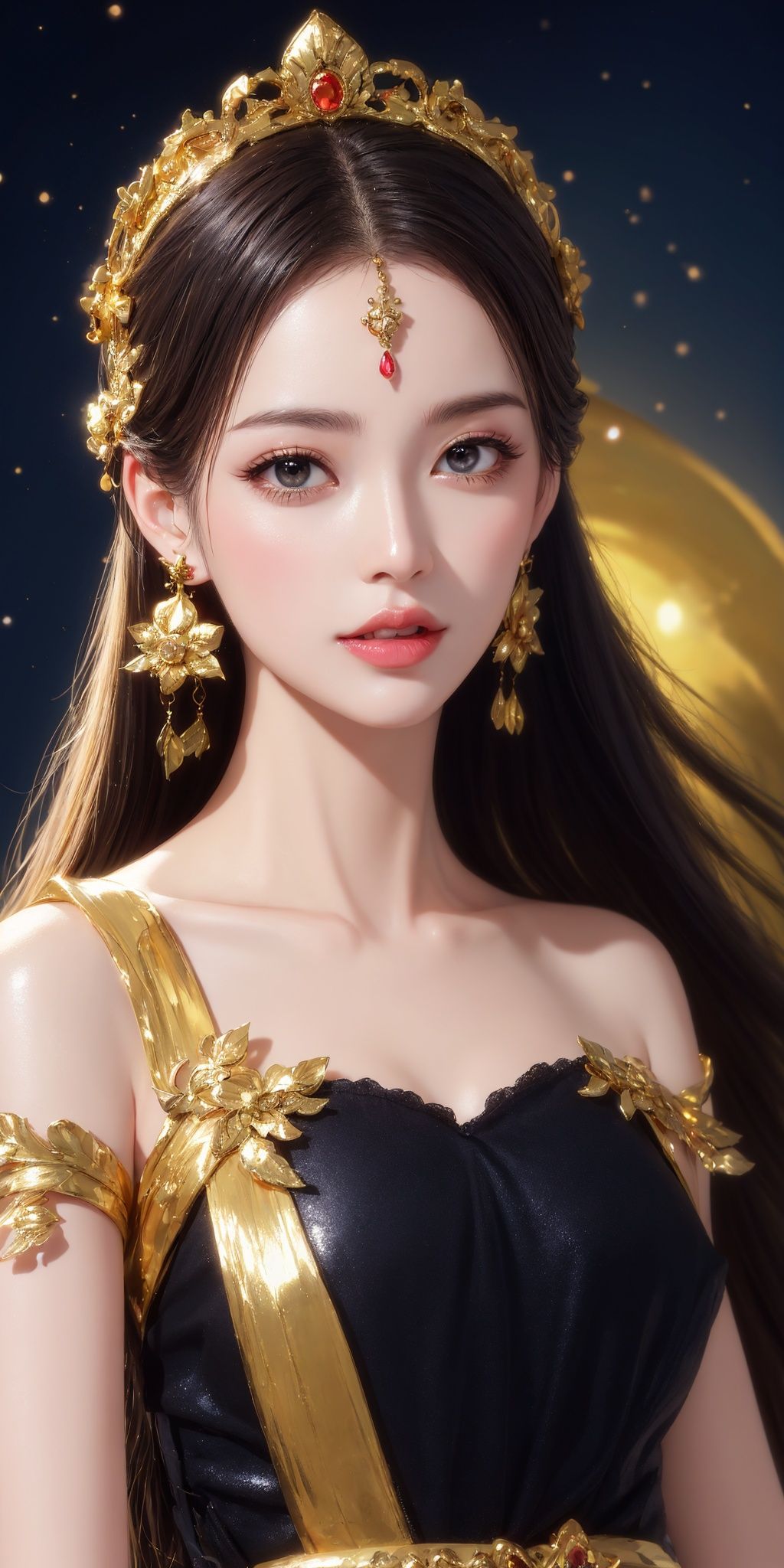 ((Half body photo)), facial close-up of a girl, long hair, gold headdress, gold earrings, gold streamers, off shoulder, (black dress, black dress), dark lines, gold decorations, sun, moon, holy, orange light, starry sky, night sky, cosmic background, goddess, beauty, clear eyes, correct hand painting, correct body painting