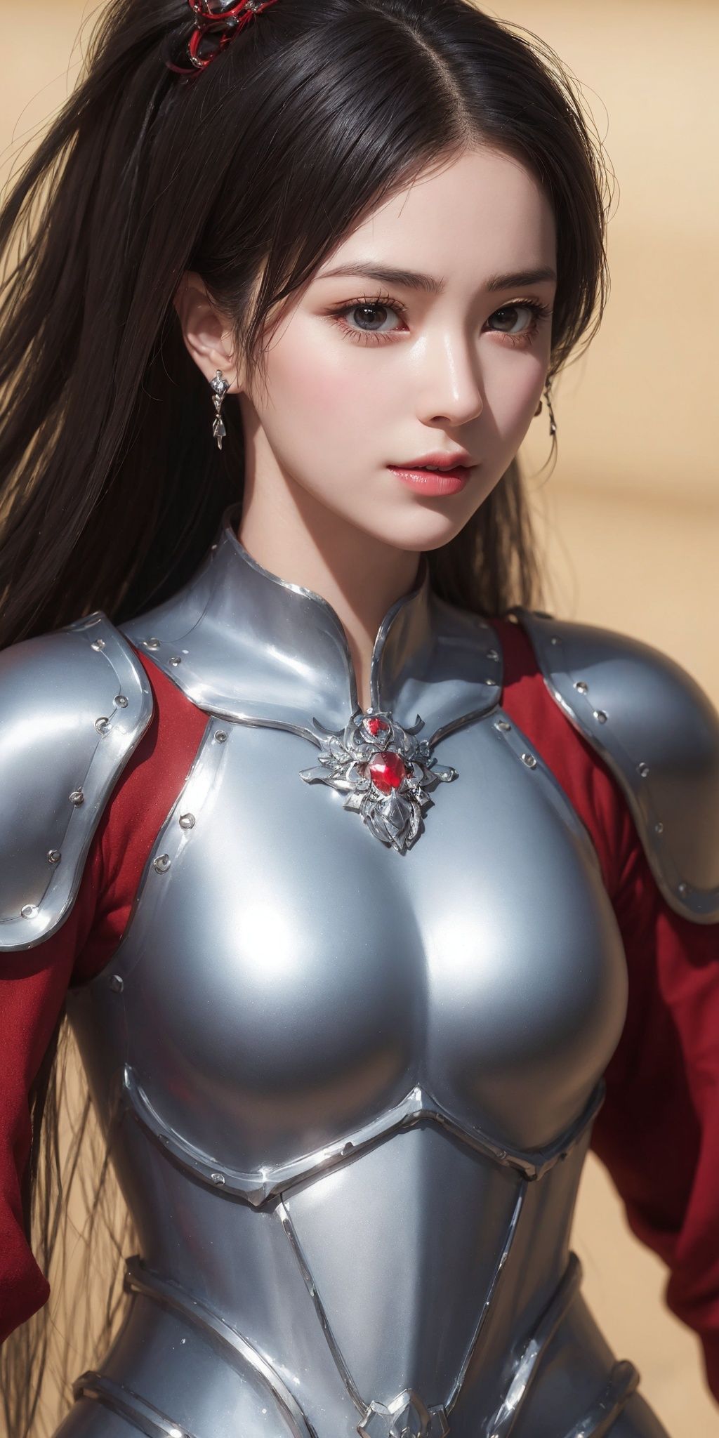(Face close-up), (Half body photo), a girl with crystal clear skin, black high ponytail, silver armor, metal, belt, armor, armor, red cloak, wielding weapons, correct body, exquisite facial features painting, dusk, desert background, desert, wilderness, weeds, battlefield, sandstorm, desolation, strong and resolute expression, eyes, light, glimmer