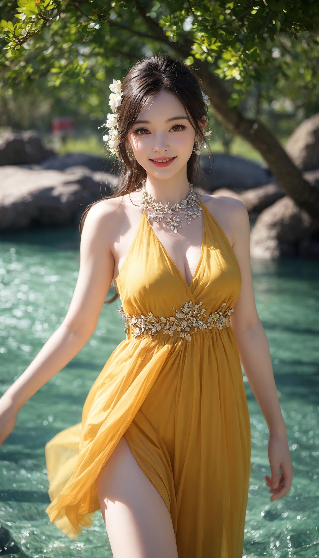 Best quality, masterpiece, high-level, 4k, 1Girl, ultra detailed, surreal, highly detailed CG illustrations, official art, film light, realistic, young and beautiful girl, perfect figure, walking, smiling, yellow flower dress, confident, looking up, walking in the water, sexy figure, sexy legs, red lips, high cold, very detailed face, extremely detailed skin texture
