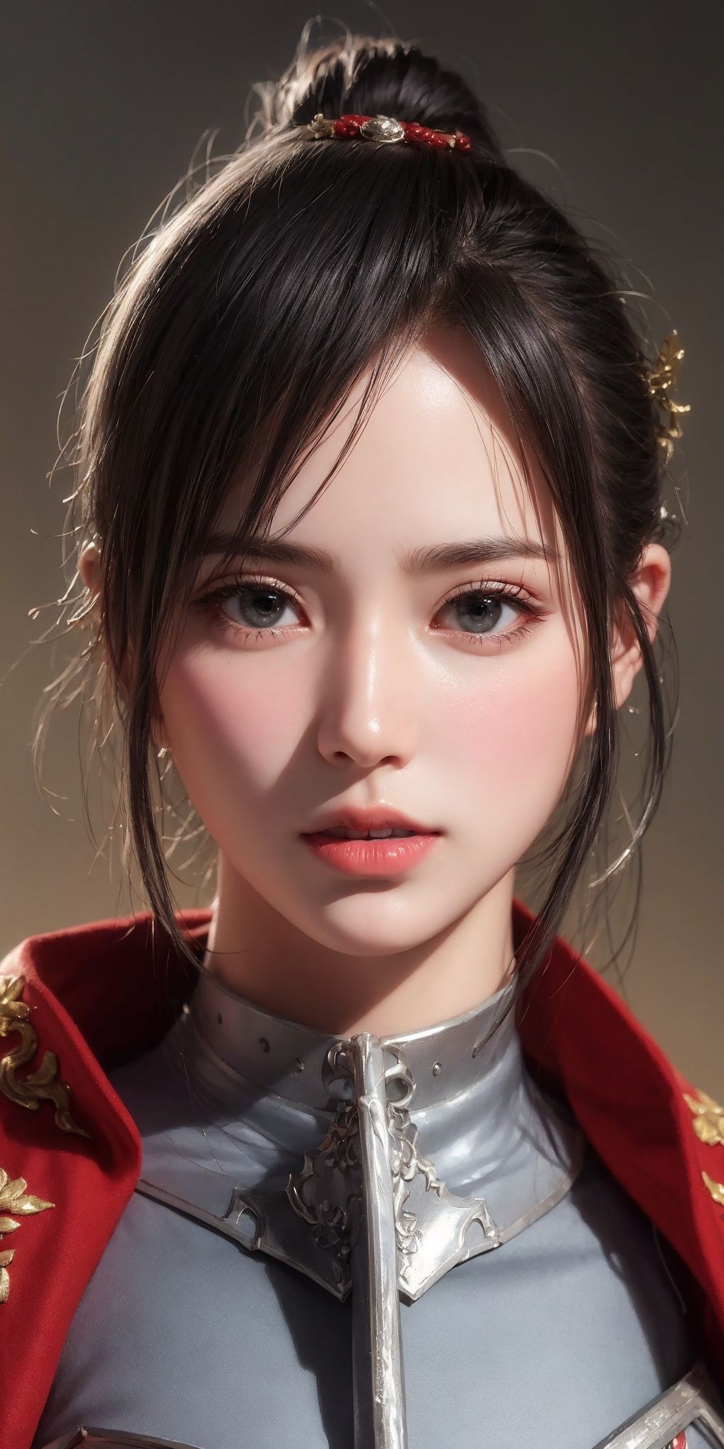 (Face close-up), (Half body photo), a girl with crystal clear skin, black high ponytail, silver armor, metal, belt, armor, armor, red cloak, wielding weapons, correct body, exquisite facial features painting, dusk, desert background, desert, wilderness, weeds, battlefield, sandstorm, desolation, strong and resolute expression, eyes, light, glimmer