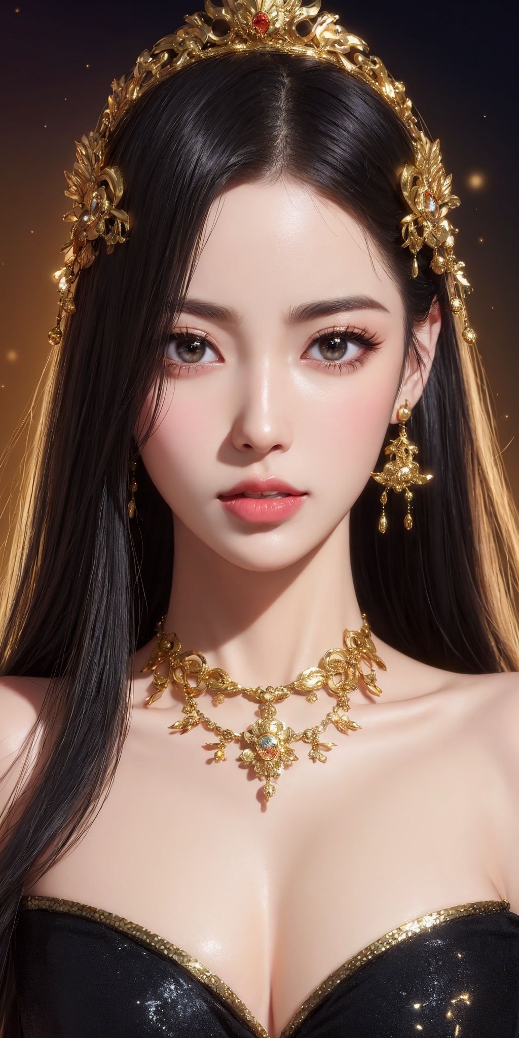 ((Half body photo)), facial close-up of a girl, long hair, gold headdress, gold earrings, gold streamers, off shoulder, (black dress, black dress), dark lines, gold decorations, sun, moon, holy, orange light, starry sky, night sky, cosmic background, goddess, beauty, clear eyes, correct hand painting, correct body painting