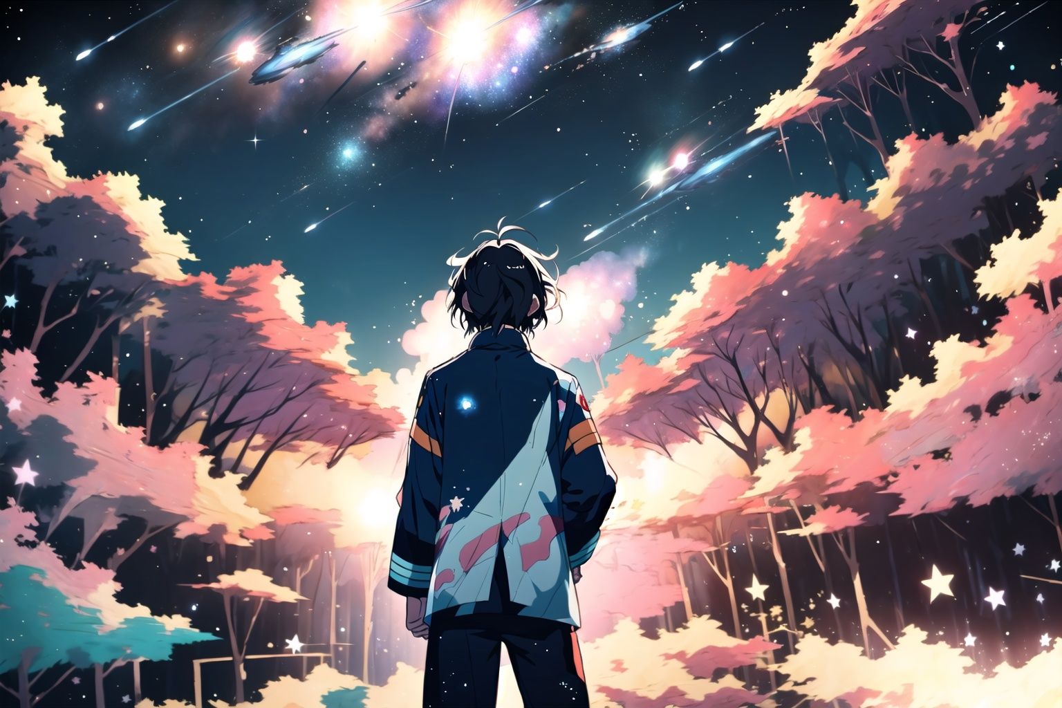 style of Satoshi Kon,  short white and blue wavy hair,  anime guy in space on Tensor.Art
