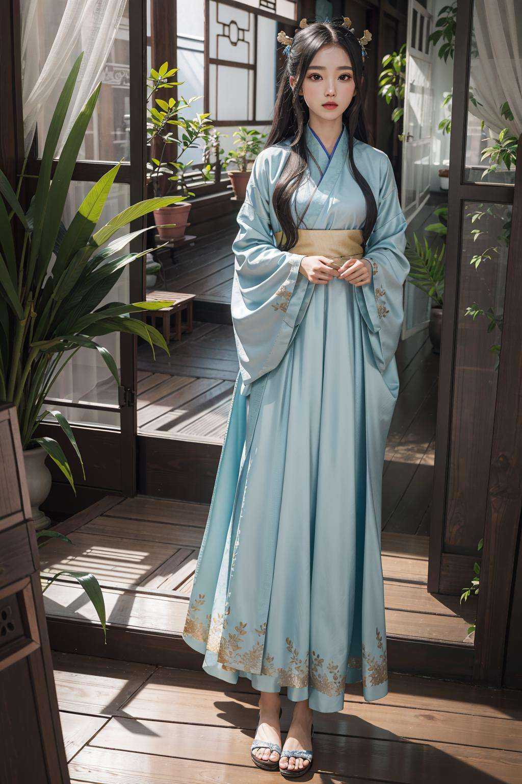 (masterpiece:1.3),(best quality:1.2),8k,absurdres,unity 8k wallpapper,(extremely detailed:1.3),highestres,(1girl:1.2),sitting,looking to the side,,ancient_chinese_indoors,(window:1.3),indoors,(courtyard:1.3),sunlight,painting (object),blurry,curtains,tree,plant,see-through,(trees out of the window:1.2),(translucence:1.2),,hanfu,wooden floor, <anci <lora:ancient_chinese_indoors-07:1>