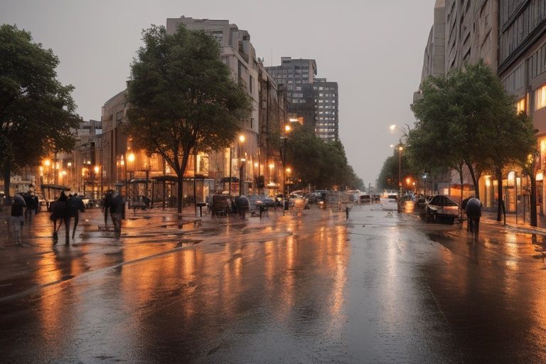 Urban Street View,(summer:1.2)，rain，(night:1.2)，lighting
