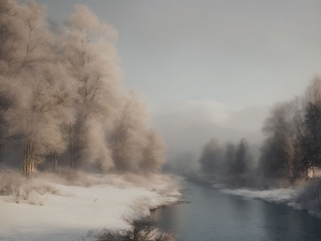 Forests, snow scenes, rivers, perspective, soft light