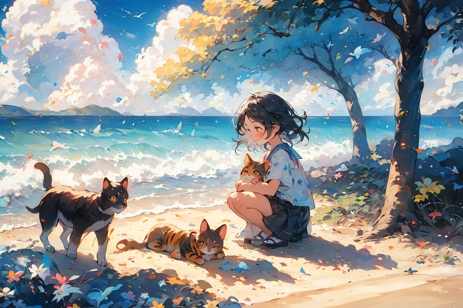 close shot,1 little girl, (((by the beach))), squat down and hold the cat, <lora:EMS-3106-EMS:0.6>