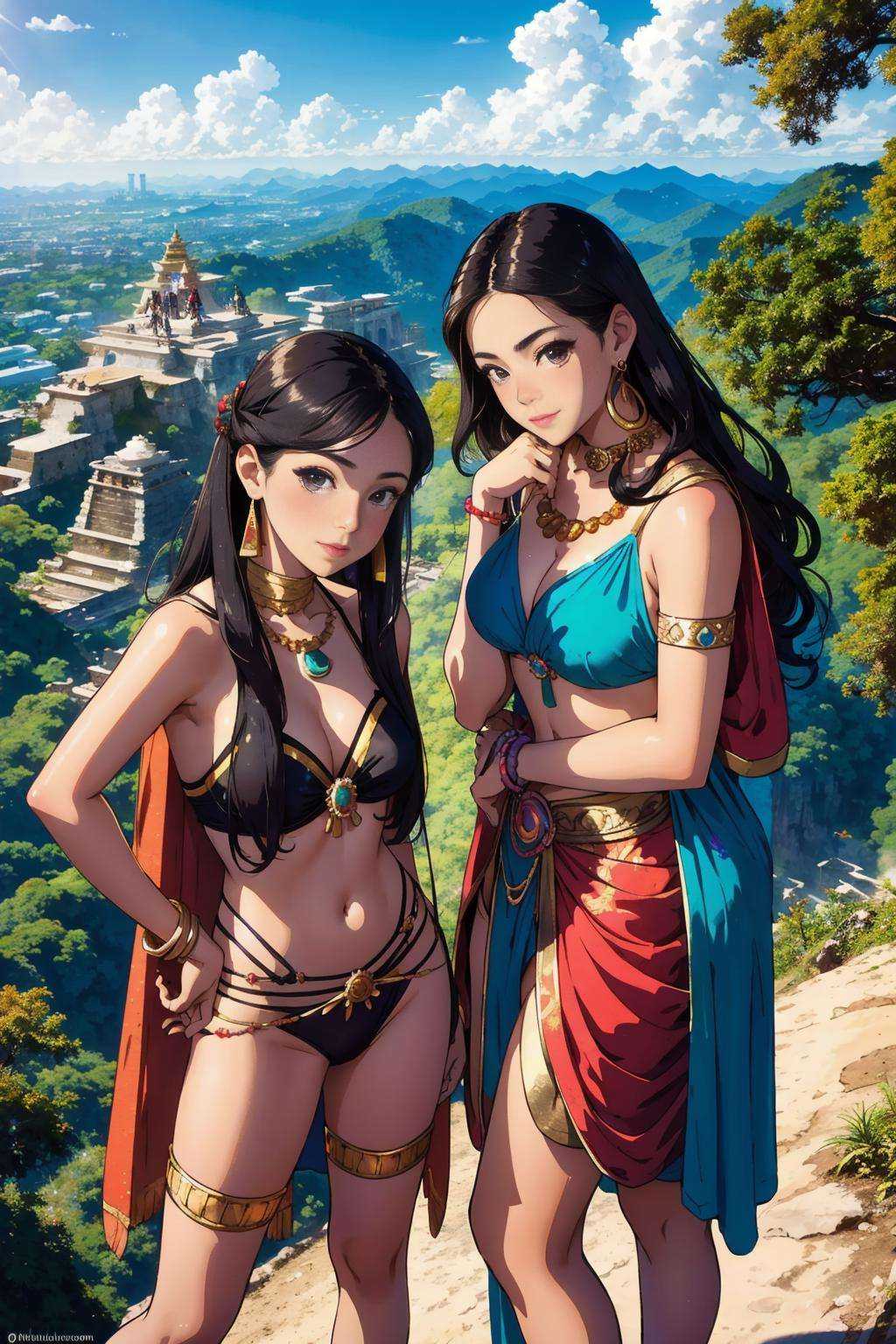 a maya royal couple standing on a mountain overlooking an ancient (metropolis) wearing skimpy clothing and jade jewelry,...