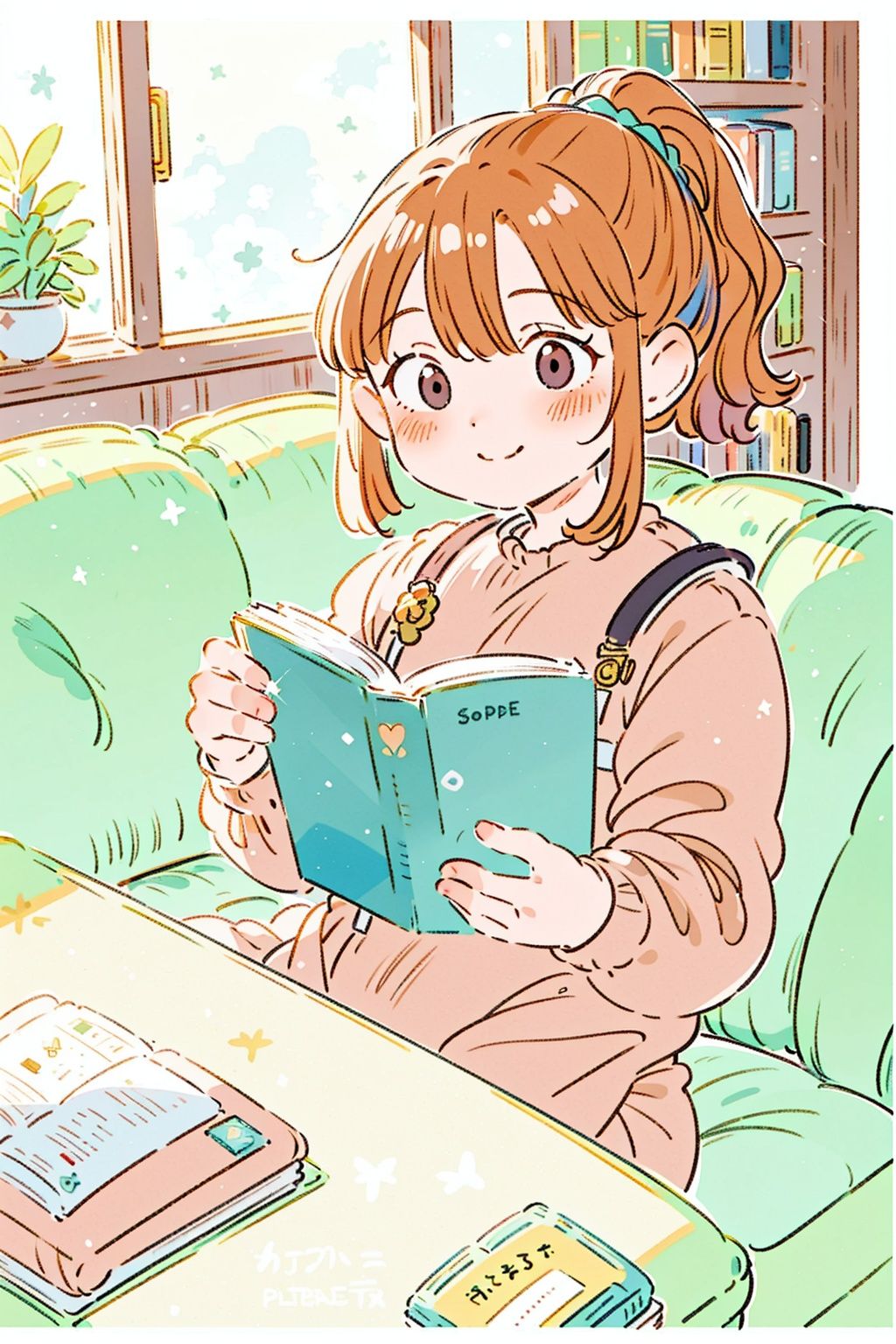 1girl, plant, book, cat, brown hair, sitting, bookshelf, potted plant, solo, ponytail, indoors, dress, smile, feet out of frame, couch, long sleeves, window, open book, reading, bangs, black eyes, short hair, closed mouth, holding, animal