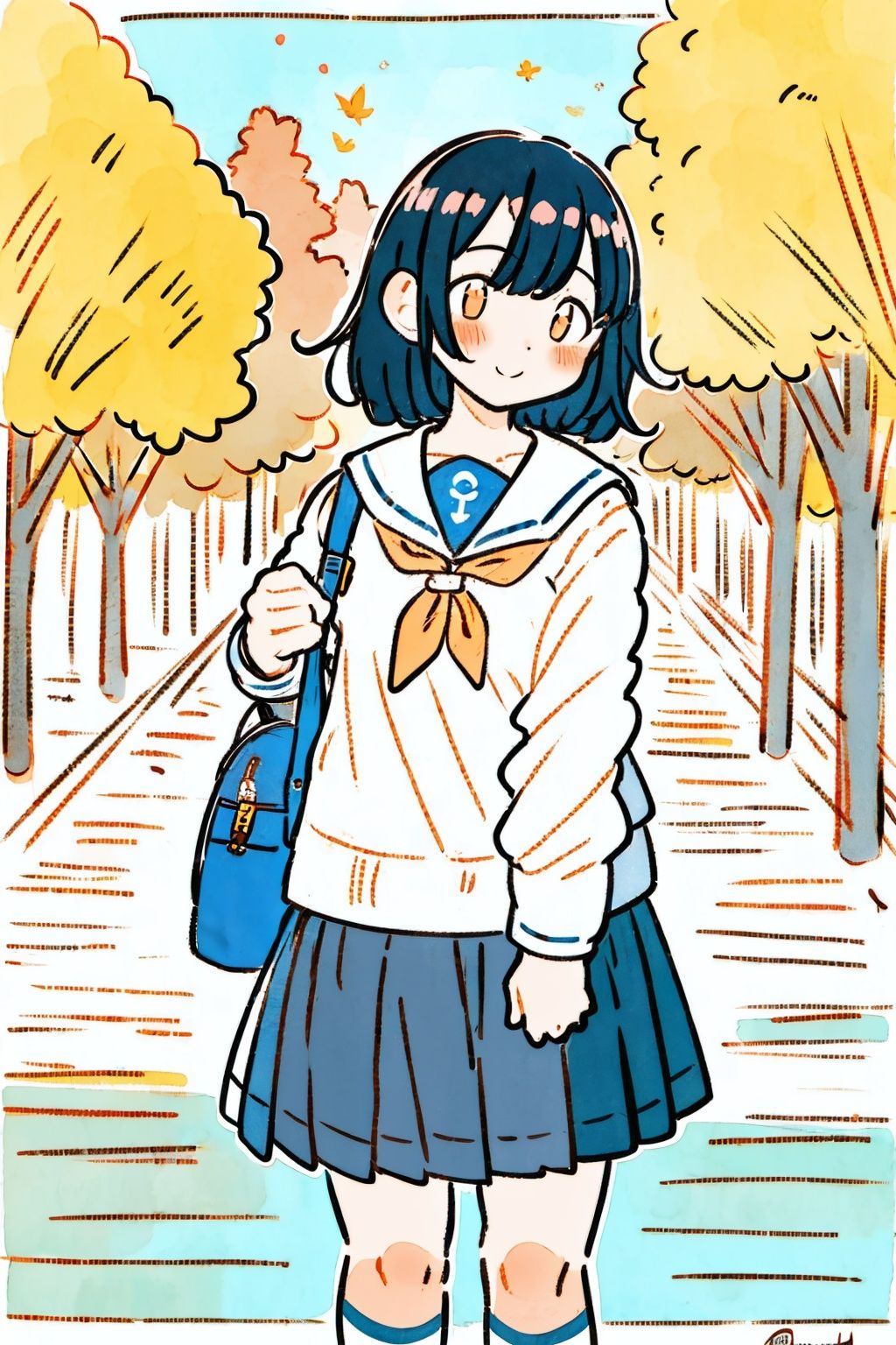 1girl, solo, bag, skirt, neckerchief, school uniform, short hair, long sleeves, sailor collar, serafuku, leaf, shirt, black hair, brown skirt, outdoors, white shirt, school bag, wind, pleated skirt, shoulder bag, nature, bangs, looking at viewer, tree,,