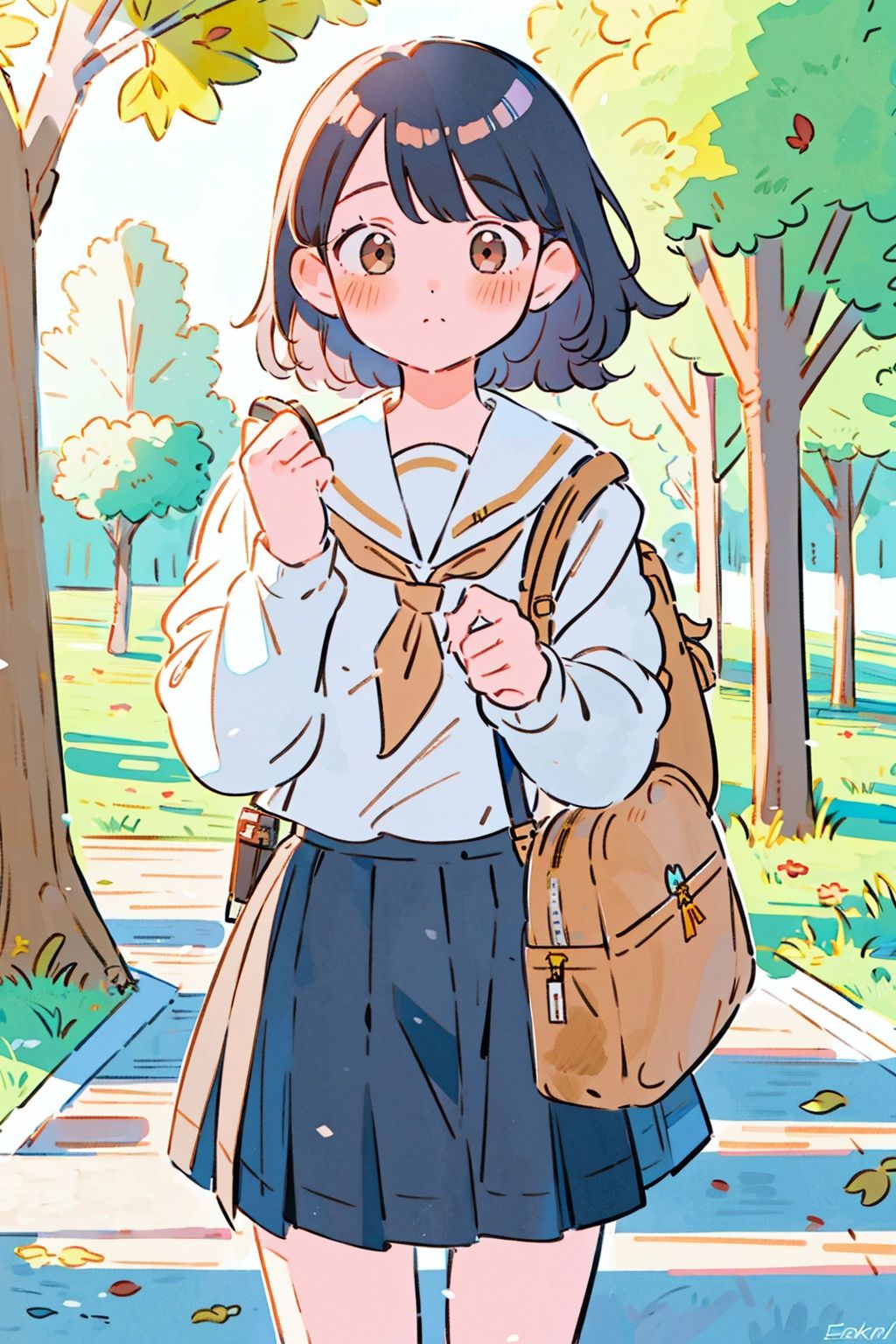 1girl, solo, bag, skirt, neckerchief, school uniform, short hair, long sleeves, sailor collar, serafuku, leaf, shirt, black hair, brown skirt, outdoors, white shirt, school bag, wind, pleated skirt, shoulder bag, nature, bangs, looking at viewer, tree,,