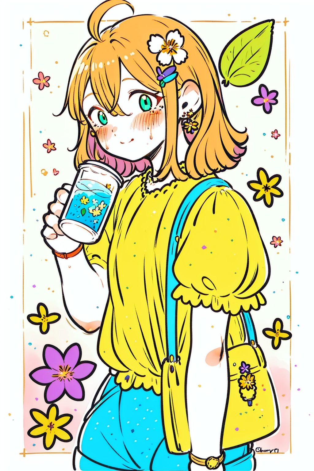 blue flower, 1girl, watch, wristwatch, hair ornament, flower, shirt, brown hair, hair between eyes, blush stickers, solo, holding, short hair, green eyes, drinking straw, short sleeves, bag, food, morning glory, cup, bangs, hairclip, fruit, shoulder bag, fish hair ornament, holding cup, cowboy shot, purple flower, plant, cat hair ornament, drinking, hands up, drink, leaf, lemon, shorts, jewelry, orange shirt, t-shirt, ice cube, blush, yellow shirt, drinking glass, standing, closed mouth, ahoge, lemon slice, looking at viewer, indoors, mole under eye, sunlight, day, 