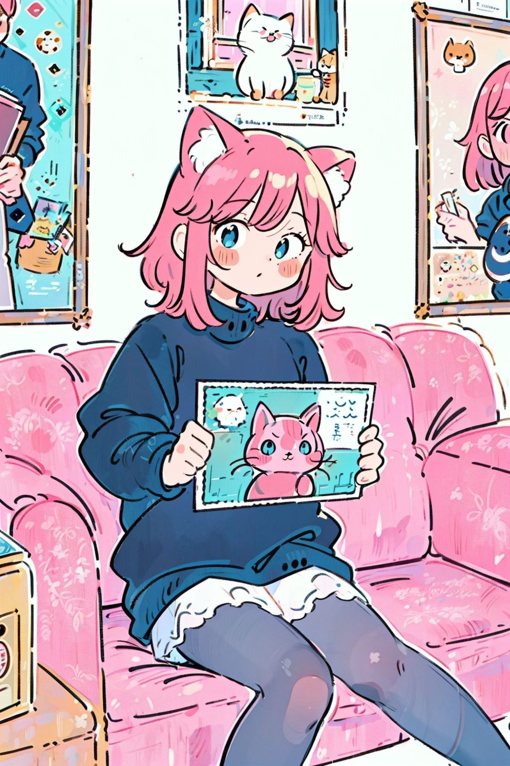 Masterpiece, best quality, (sense of design), poster ((poster design)) (front) room, window, girl sitting on sofa, short pink hair, a pair of fluffy cat ears, black sweater, white pantyhose
