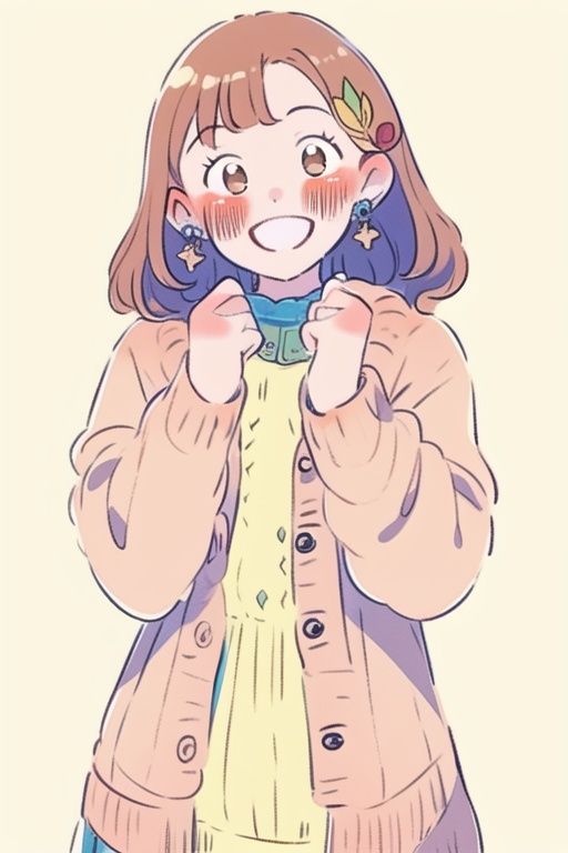 1girl, brown hair, yellow background, solo, dress, brown eyes, smile, earrings, braid, long sleeves, jewelry, simple background, cardigan, open mouth, looking at viewer, ribbon, hair ribbon, cable knit, leaf, yellow dress, sweater, blush, hair rings, yellow theme, aran sweater, print dress, <lora:kkk:1>