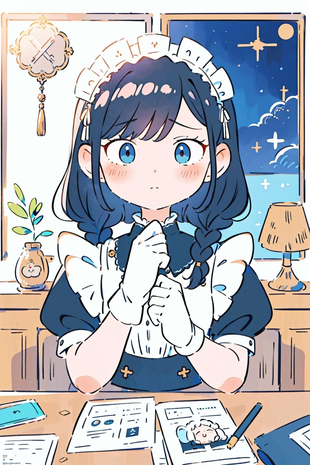 Masterpiece, best quality, sense of design, (poster design), (front) girl, black pupil, in the dark, big eyes, black braids, white gloves, white maid headdress, black and white maid dress, holding candlestick, puzzled expression, only the upper body, bust,fairy tale girl
