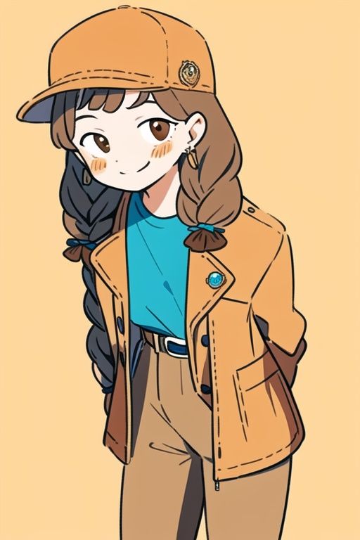 1girl, solo, braid, twin braids, hat, brown hair, earrings, jewelry, brown eyes, shirt, long hair, jacket, pants, simple background, arm behind back, belt, red nails, red ribbon, ribbon, looking at viewer, brown headwear, cowboy shot, brown pants, leaning forward, hair ribbon, orange background, brown jacket, long sleeves, smile, nail polish, shirt tucked in, brown shirt, floral print, bangs, , <lora:EMS-3139-EMS:0.6>, <lora:EMS-2807-EMS:0.5>