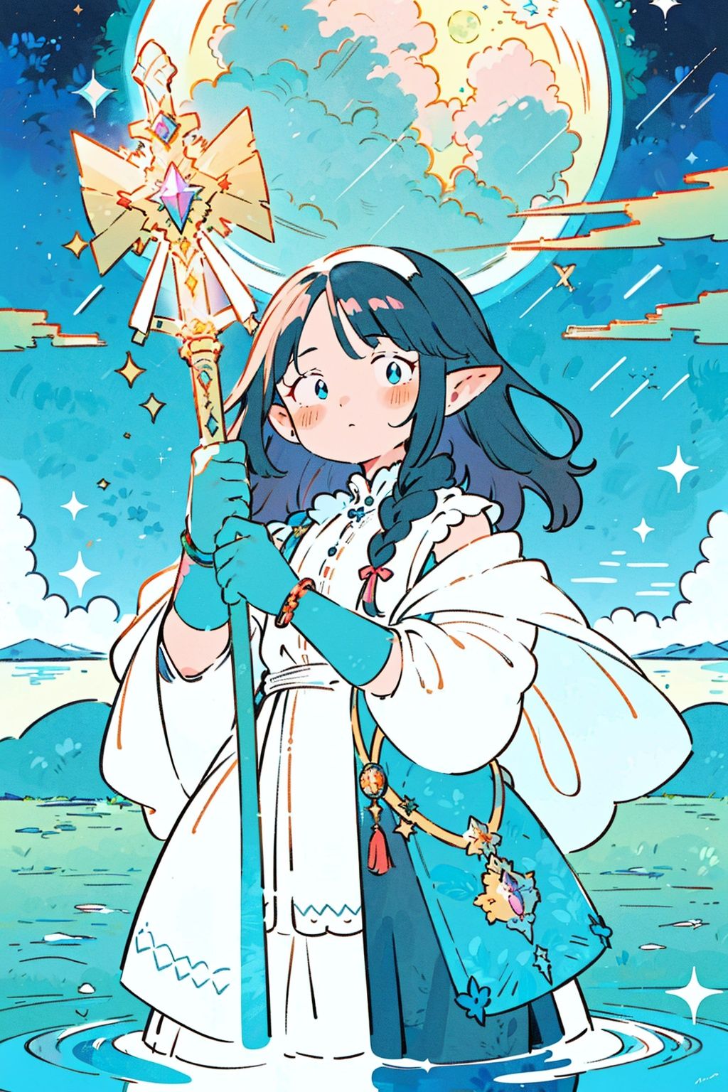 (masterpiece),(best quality),(ultra-detailed),illustration,disheveled hair,Dynamic angle,1girl,game character portrait,(colorful:1.15),beautiful detailed eyes,portrait,colorful,translucent hair,(glowing inner hair),the perfect appearance,(Robe:1.2),(Divine Light:1.2),(pope:1.15),(Holding a scepter:1.2), (expressionless:1.15),Neat hair,blunt bangs, cowboy shot,mountain,(luxury clothes),bracelet,(elbow gloves),lace,braid,(black hair),[darkblue eyes | yellow eyes],(cloak),looking at viewer,(lake water:1.2),cloud,(flat color),elf,(moon),flower
