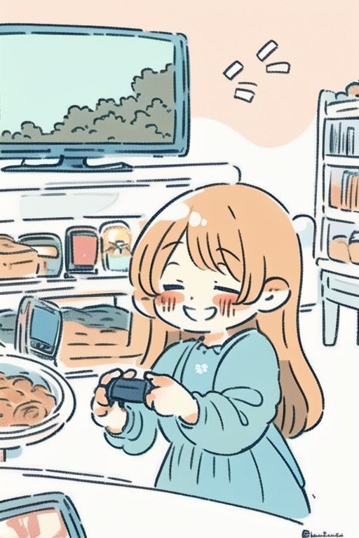 brown hair, multiple girls, braid, 2girls, smile, long sleeves, shirt, dress, long hair, open mouth, holding, closed eyes, controller, shop, blue dress, white shirt, bow, indoors, blush, television