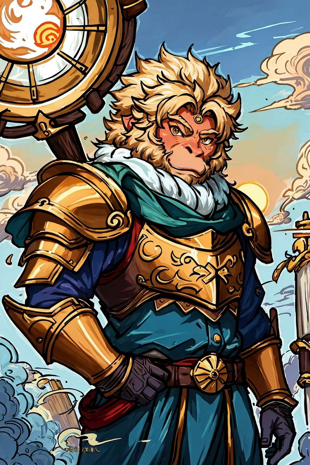 (best quality:1.5),HD,HDR,64K,((highly detailed)),,armor,weapon,cloud,monkey,sun wukong,