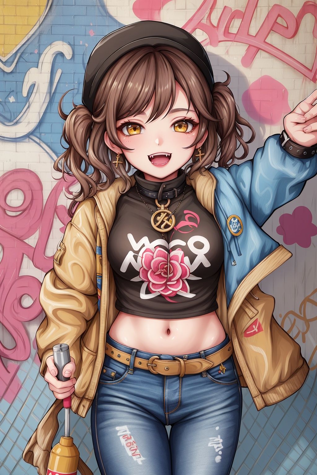best quality, high resolution, distinct image, best quality, high resolution, distinct image, Original Characters, Natural Volumetric Lighting And Best Shadows, Deep Depth Of Field, Sharp Focus, Portrait Of Stunningly Beautiful Petite Girl, Soft Delicate Beautiful Attractive Face With Alluring Yellow Eyes, Lovely Small Breasts, Sharp Eyeliner, Seductive Smiling, Open Mouth With Cute Fangs Out, Windswept Disheveled Brown Hair, Thick Layered Medium Twintail Hairstyles, Blush Eyeshadow With Thick Eyelashes, Parted Lips, Applejack Hat, Oversized Pop-Art Jacket, Slim Waist With Open Cute Navel, Denim Jeans Pants With Buckle Belt, (Messy Painted Body:1.05), (Holding Spray Paint Can:1.1), (Graffiti Murals Wall Background:1.15), (Standing On Narrow City Streets Crossword:1.2), (Highest Quality, Amazing Details:1.4), Masterpiece, Bloom, Picturesque, Brilliant Colorful Paintings