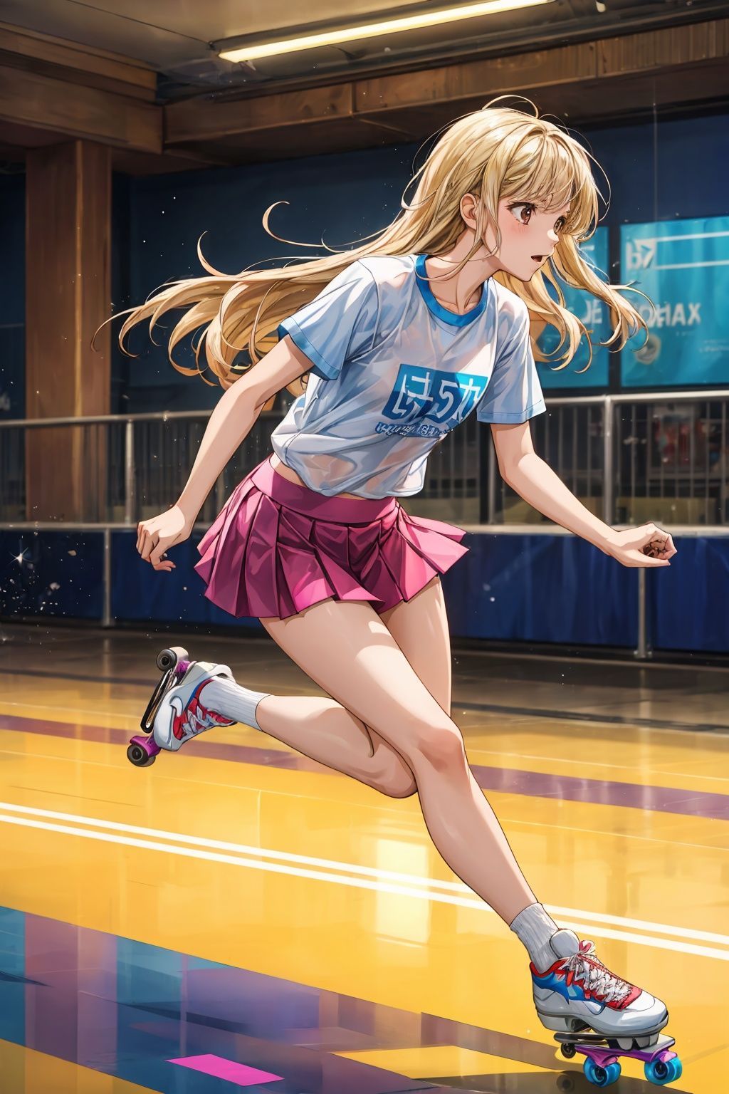 A girl, mature female,roller skating, wearing a short skirt, transparent t-shirts, flowing long hair, indoor, sprinting,masterpiece,(best quality:1.4),extremely detailed,4k,, <lora:EMS-1495-EMS:0.8>