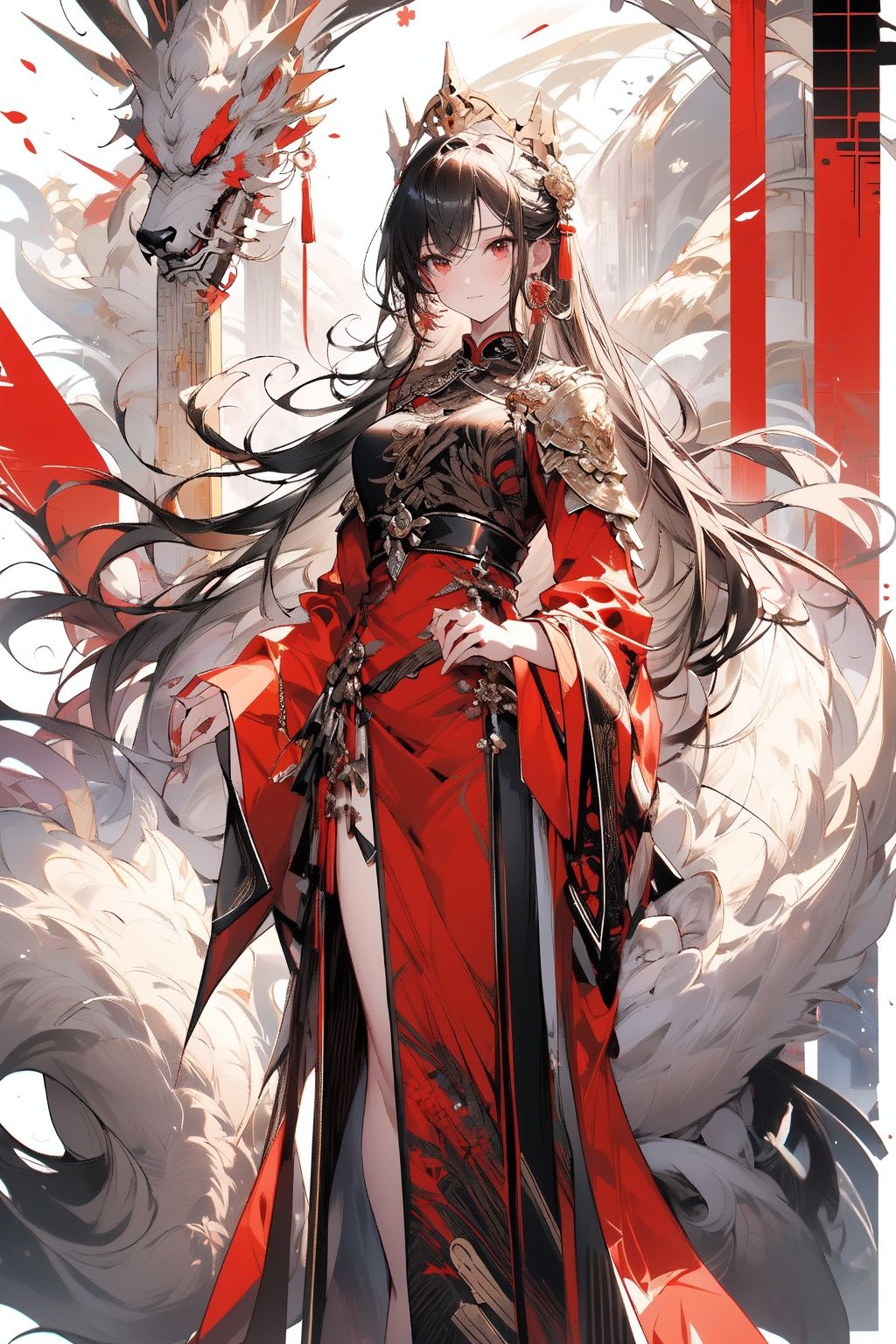 , (masterpiece:1.2), best quality,PIXIV,midjourney portrait,1girl, solo, long hair, weapon, sword, dress, looking at viewer, red dress, red eyes, jewelry, earrings, closed mouth, hair ornament, white background, long sleeves, bangs, standing, breasts, wide sleeves, very long hair, black hair, brown hair, holding, full body, chinese clothes, simple background, crown<lora:midjourney portrait_20230625143136:0.9>