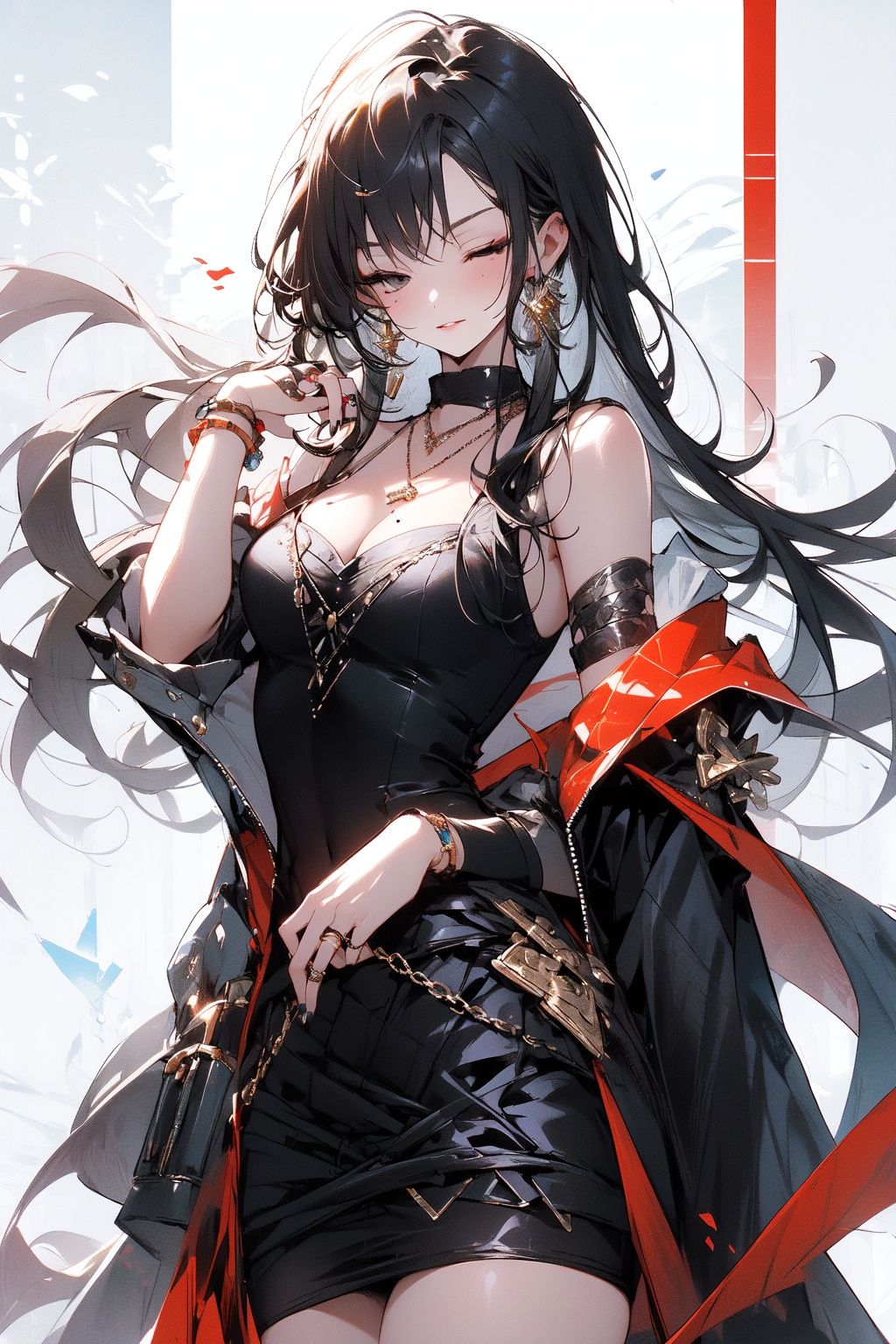 , (masterpiece:1.2), best quality,PIXIV,midjourney portrait,1girl, breasts, dress, jewelry, black dress, solo, long hair, cleavage, earrings, large breasts, wavy hair, white background, necklace, bare shoulders, ring, looking at viewer, detached sleeves, simple background, grey hair, black hair, grey eyes, mole, black nails, cowboy shot, skirt hold, one eye closed, bridal gauntlets, makeup <lora:midjourney portrait_20230625143136:0.9>