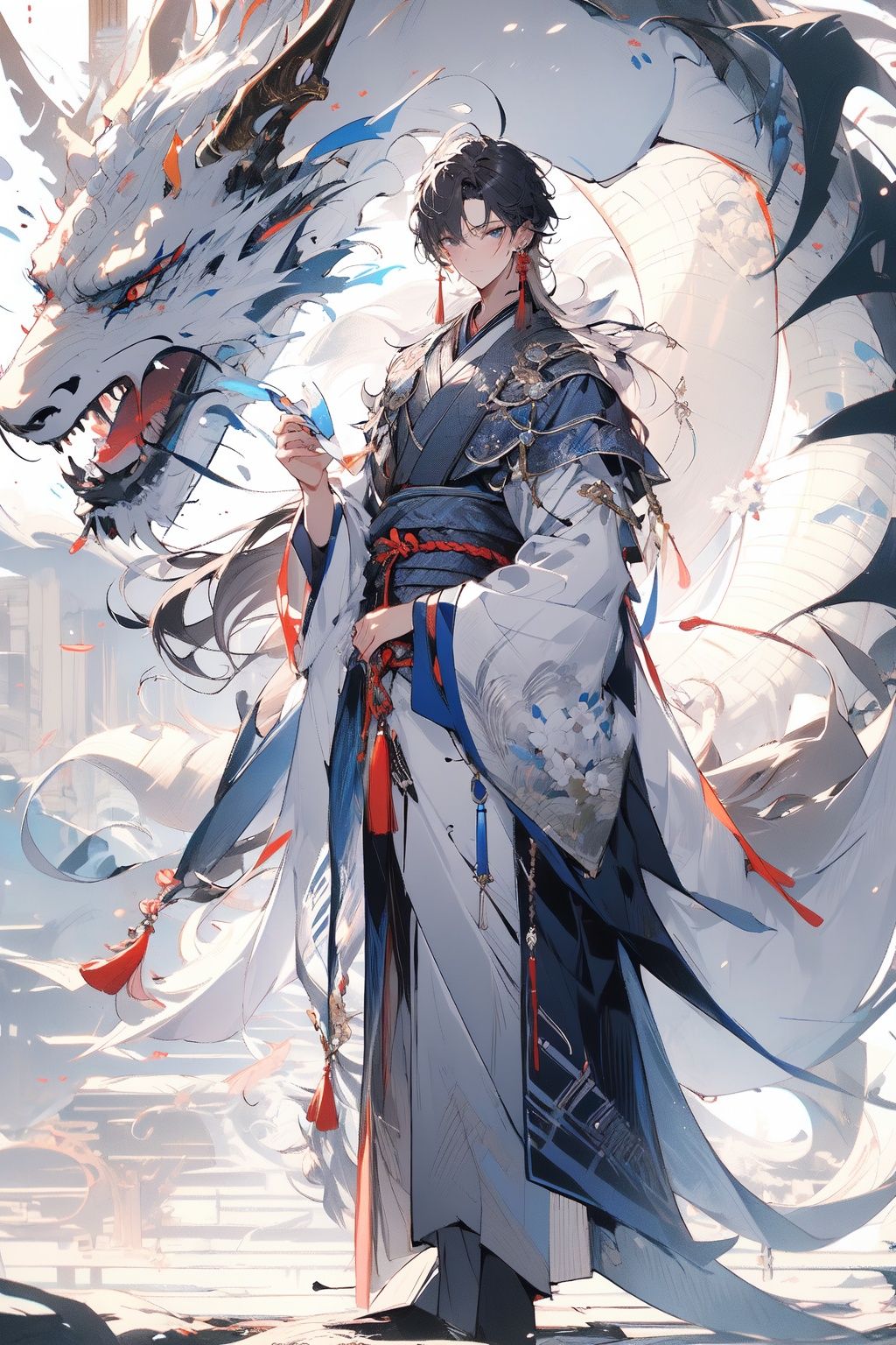 , (masterpiece:1.2), best quality,PIXIV,midjourney portrait,long hair, hanfu, 1boy, flower, male focus, chinese clothes, holding, jewelry, full body, earrings, white flower, long sleeves, standing, tassel, wide sleeves, dragon, solo, black hair, parted bangs, very long hair, grey hair, multicolored hair, holding flower, looking at viewer, tassel earrings, closed mouth, bangs, white hair <lora:midjourney portrait_20230625143136:0.9>