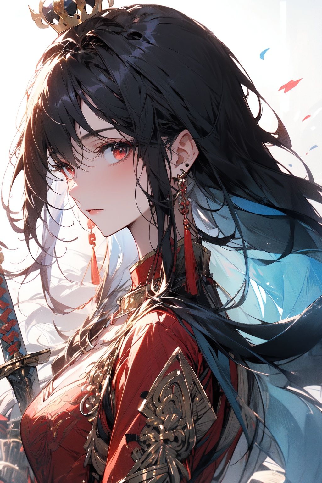 , (masterpiece:1.2), best quality,PIXIV,midjourney portrait,1girl, solo, long hair, weapon, sword, dress, looking at viewer, red dress, red eyes, jewelry, earrings, closed mouth, hair ornament, white background, long sleeves, bangs, standing, breasts, wide sleeves, very long hair, black hair, brown hair, holding, full body, chinese clothes, simple background, crown<lora:midjourney portrait_20230625143136:0.9>