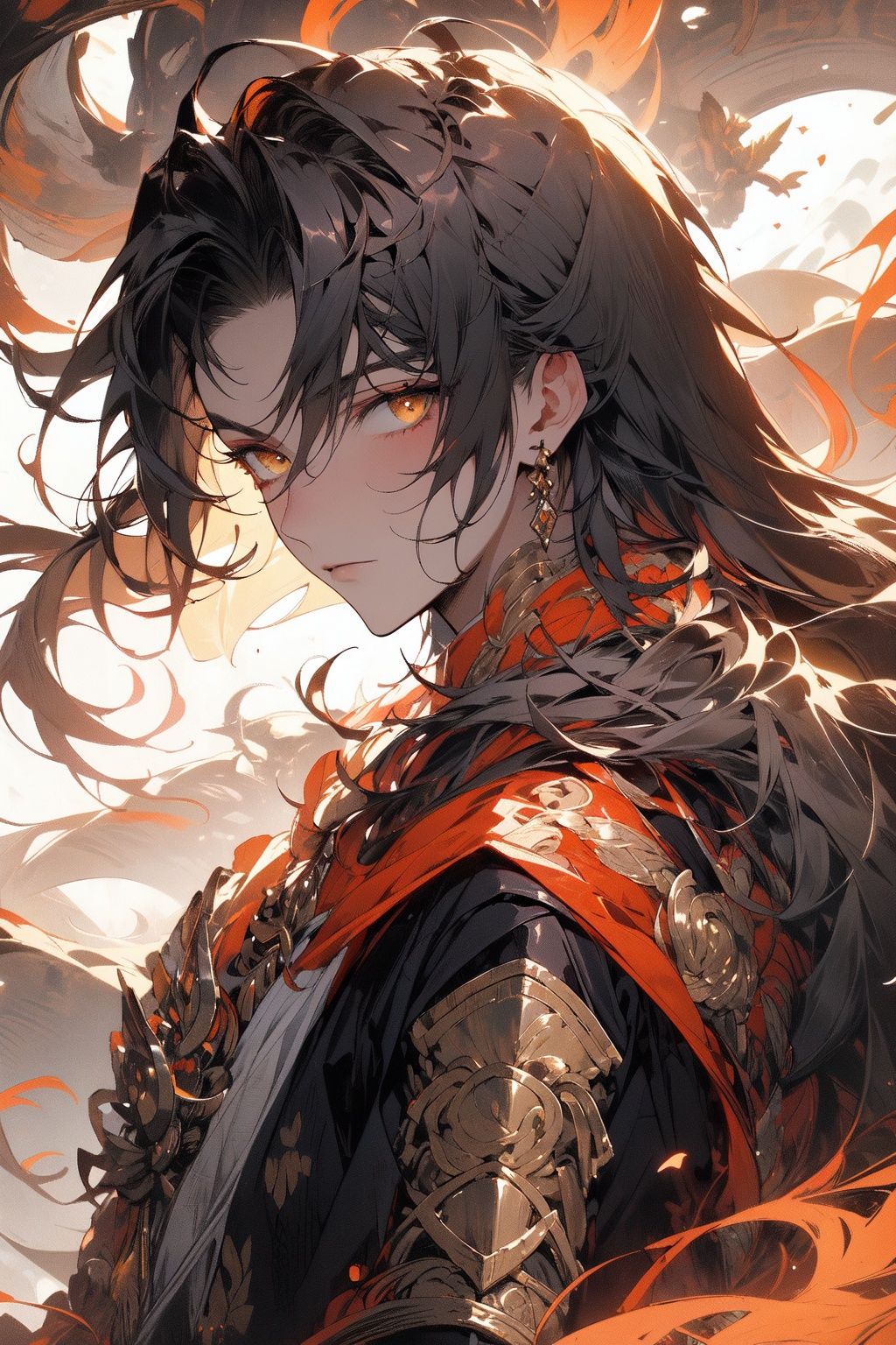 , (masterpiece:1.2), best quality,PIXIV,midjourney portrait,1boy, long hair, male focus, solo, clenched hands, wind, yellow eyes, multicolored hair, very long hair, shoulder armor, closed mouth, brown hair, looking at viewer, standing, floating hair <lora:midjourney portrait_20230625143136:0.9>