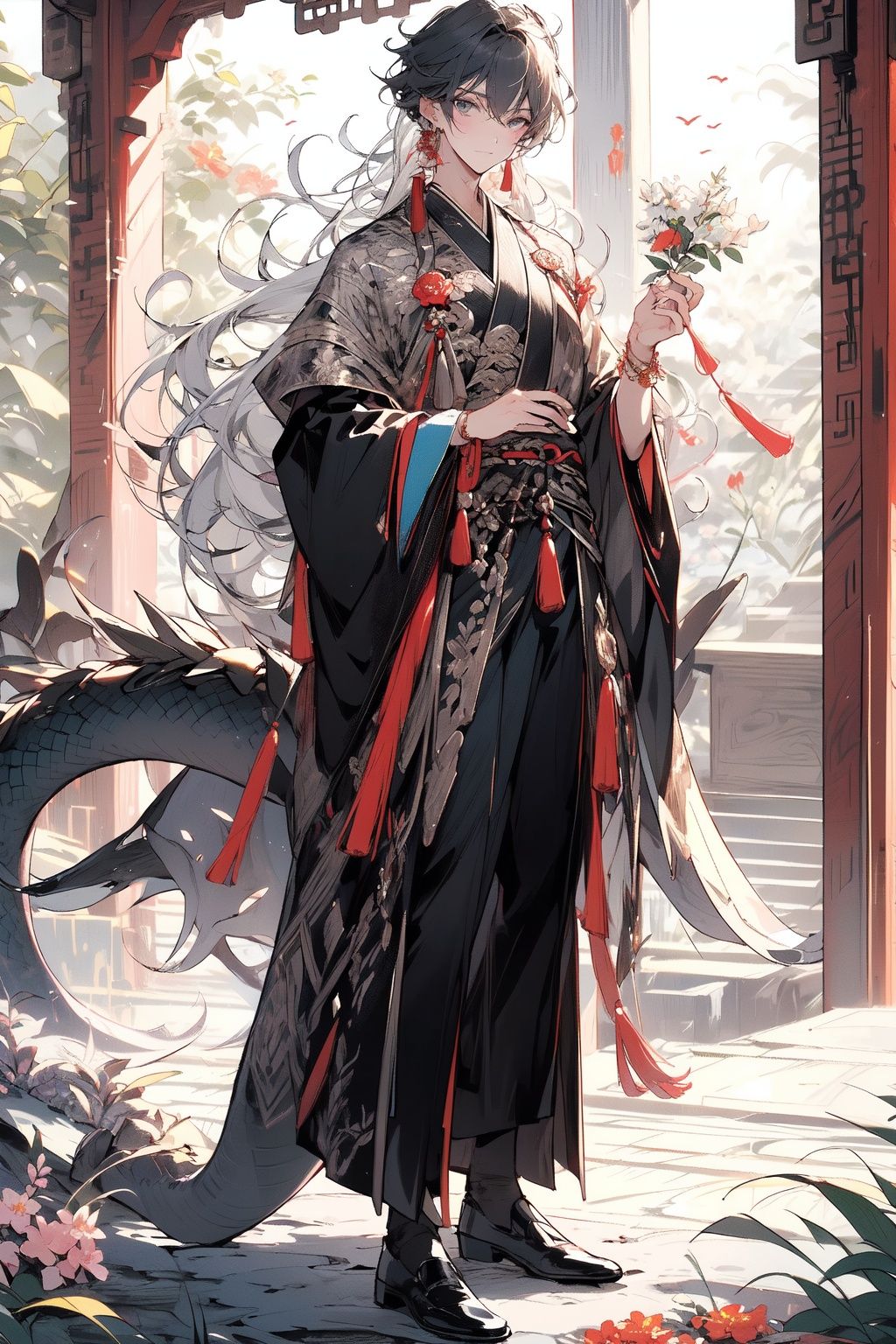 , (masterpiece:1.2), best quality,PIXIV,midjourney portrait,long hair, hanfu, 1boy, flower, male focus, chinese clothes, holding, jewelry, full body, earrings, white flower, long sleeves, standing, tassel, wide sleeves, dragon, solo, black hair, parted bangs, very long hair, grey hair, multicolored hair, holding flower, looking at viewer, tassel earrings, closed mouth, bangs, white hair <lora:midjourney portrait_20230625143136-000018:0.9>