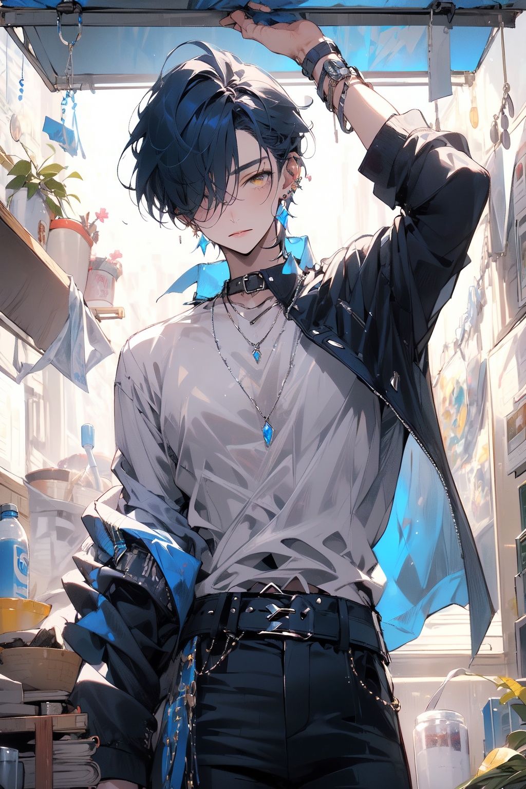 , (masterpiece:1.2), best quality,PIXIV,midjourney portrait,1boy, jewelry, ring, male focus, solo, shirt, indoors, cowboy shot, necklace, pants, multiple rings, short hair, black pants, earrings, watch, bracelet, belt, looking down, blue hair, bangs, sleeves rolled up, bottle, hair over one eye, gem, wristwatch, collared shirt, standing, white shirt, glint, open clothes, shelf, long sleeves, yellow eyes, blue gemstone, partially unbuttoned, jacket, kitchen, open shirt <lora:midjourney portrait_20230625143136:0.9>