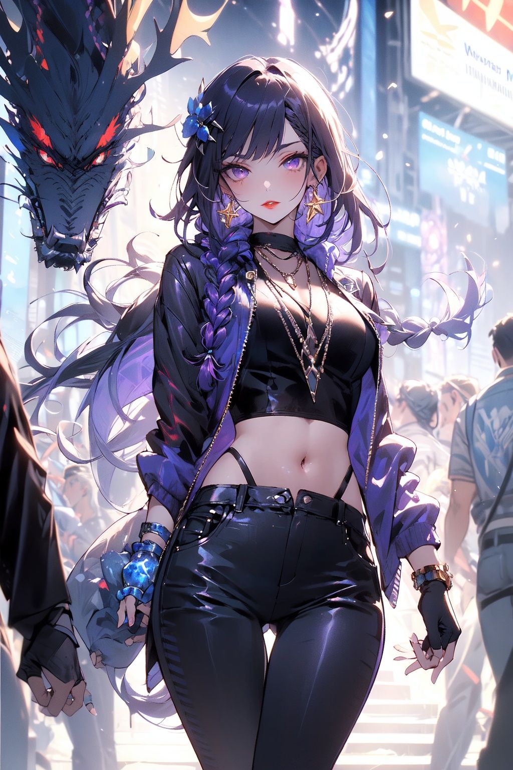 , (masterpiece:1.2), best quality,PIXIV,midjourney portrait,braid, jewelry, long hair, 1girl, purple eyes, bracelet, earrings, gloves, purple hair, solo focus, hair ornament, looking at viewer, breasts, black gloves, parted lips, fingerless gloves, black pants, jacket, fishnets, crowd, pants, braided ponytail, bag, ring, single braid, long sleeves, holding, cowboy shot, bangs, red lips, necklace<lora:midjourney portrait_20230625143136:0.9>