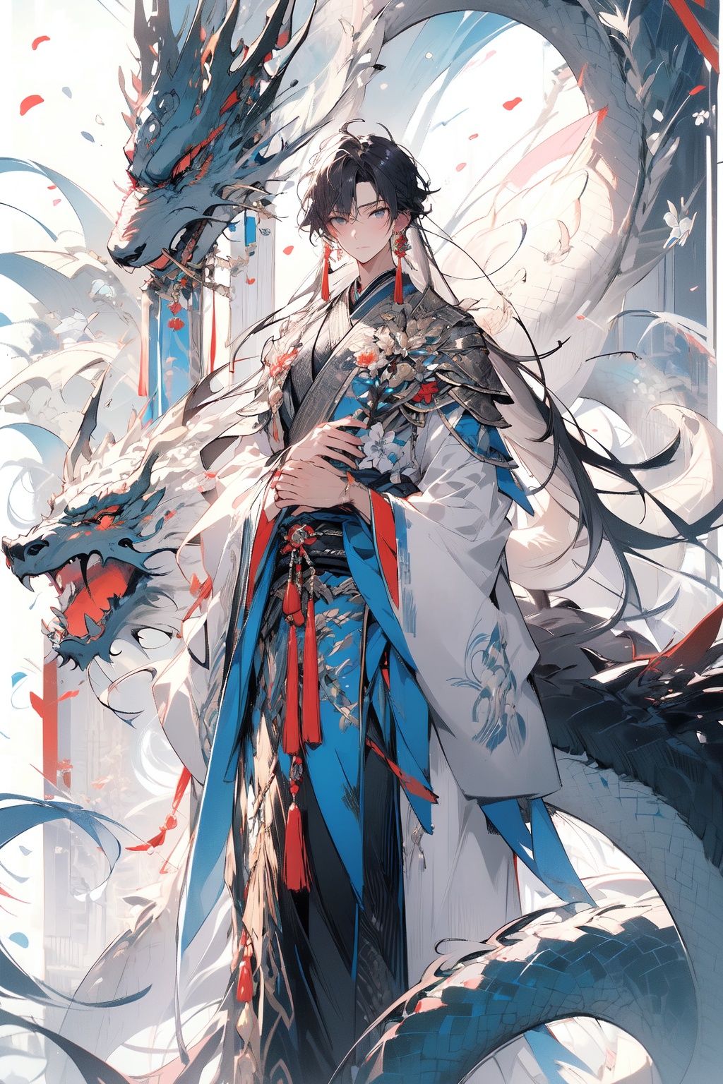 , (masterpiece:1.2), best quality,PIXIV,midjourney portrait,long hair, hanfu, 1boy, flower, male focus, chinese clothes, holding, jewelry, full body, earrings, white flower, long sleeves, standing, tassel, wide sleeves, dragon, solo, black hair, parted bangs, very long hair, grey hair, multicolored hair, holding flower, looking at viewer, tassel earrings, closed mouth, bangs, white hair<lora:midjourney portrait_20230625143136:0.9>