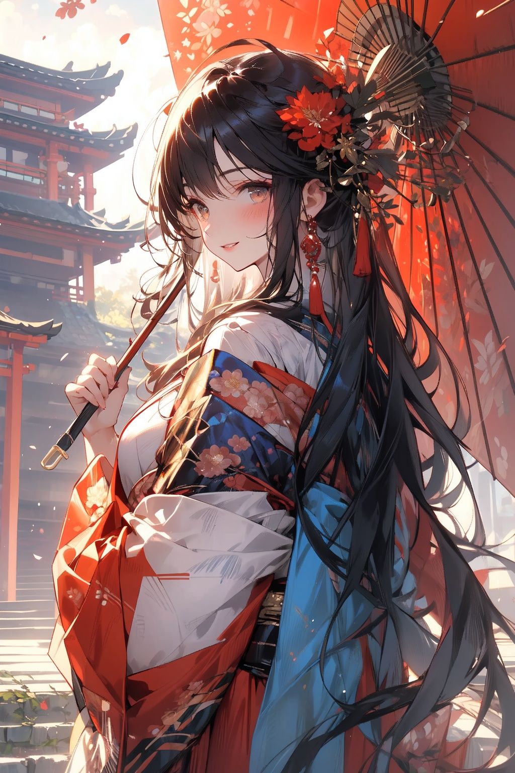 , (masterpiece:1.2), best quality,PIXIV,midjourney portrait,long hair, hair ornament, black hair, multiple girls, east asian architecture, architecture, looking at viewer, flower, hair flower, holding, japanese clothes, outdoors, hand fan, red flower, bangs, very long hair, blush, wide sleeves, holding fan, parted lips, smile, solo focus, long sleeves, kimono, umbrella, 3girls, stairs, multiple boys, shrine <lora:midjourney portrait_20230625143136:0.9>