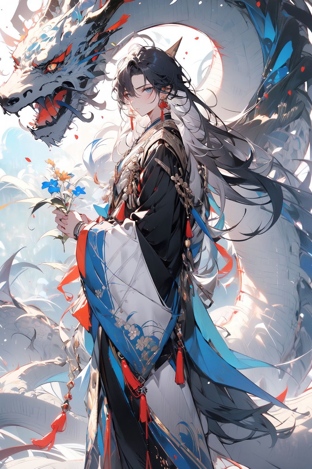 , (masterpiece:1.2), best quality,PIXIV,midjourney portrait,long hair, hanfu, 1boy, flower, male focus, chinese clothes, holding, jewelry, full body, earrings, white flower, long sleeves, standing, tassel, wide sleeves, dragon, solo, black hair, parted bangs, very long hair, grey hair, multicolored hair, holding flower, looking at viewer, tassel earrings, closed mouth, bangs, white hair<lora:midjourney portrait_20230625143136:0.9>